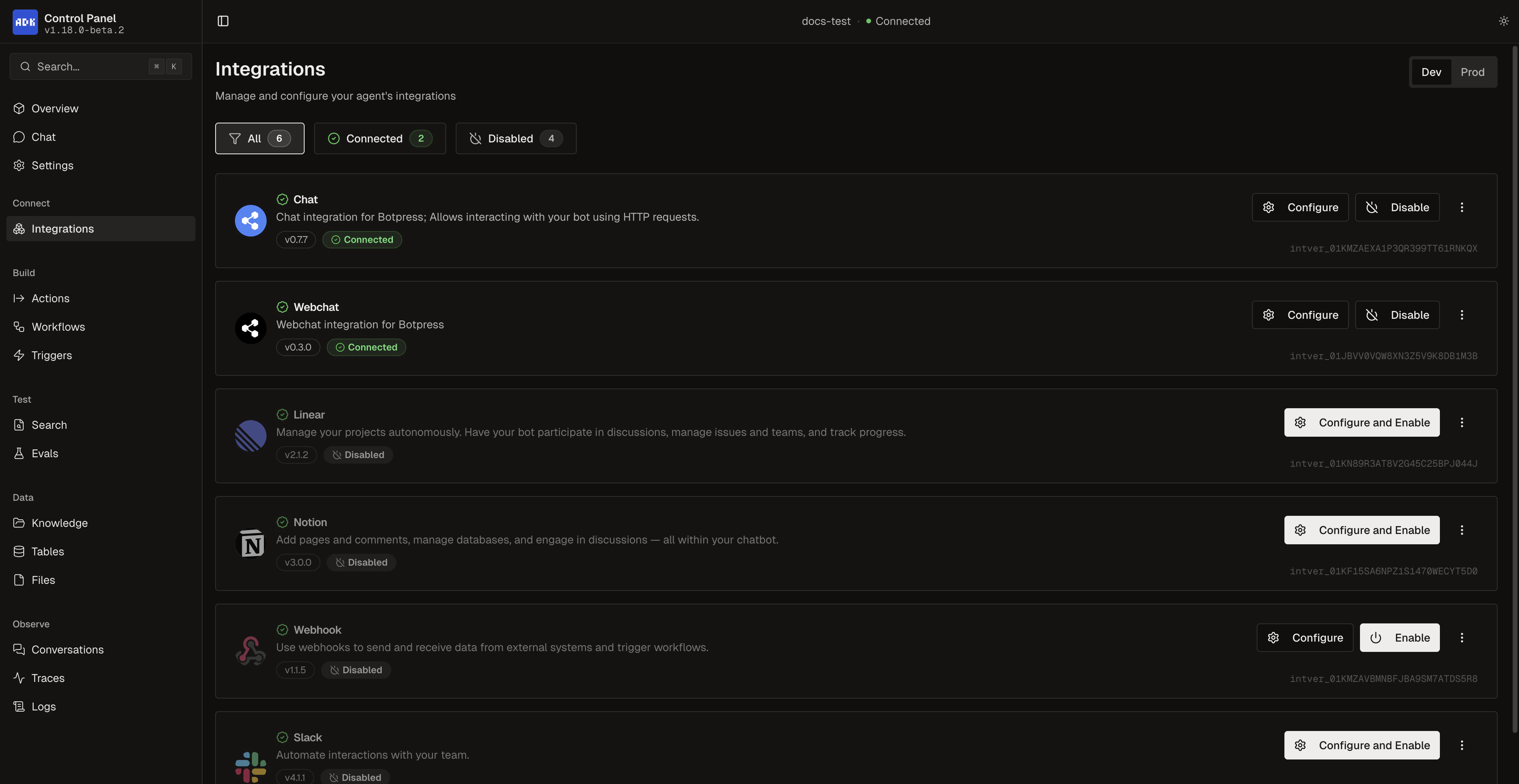 Integrations in the Control Panel