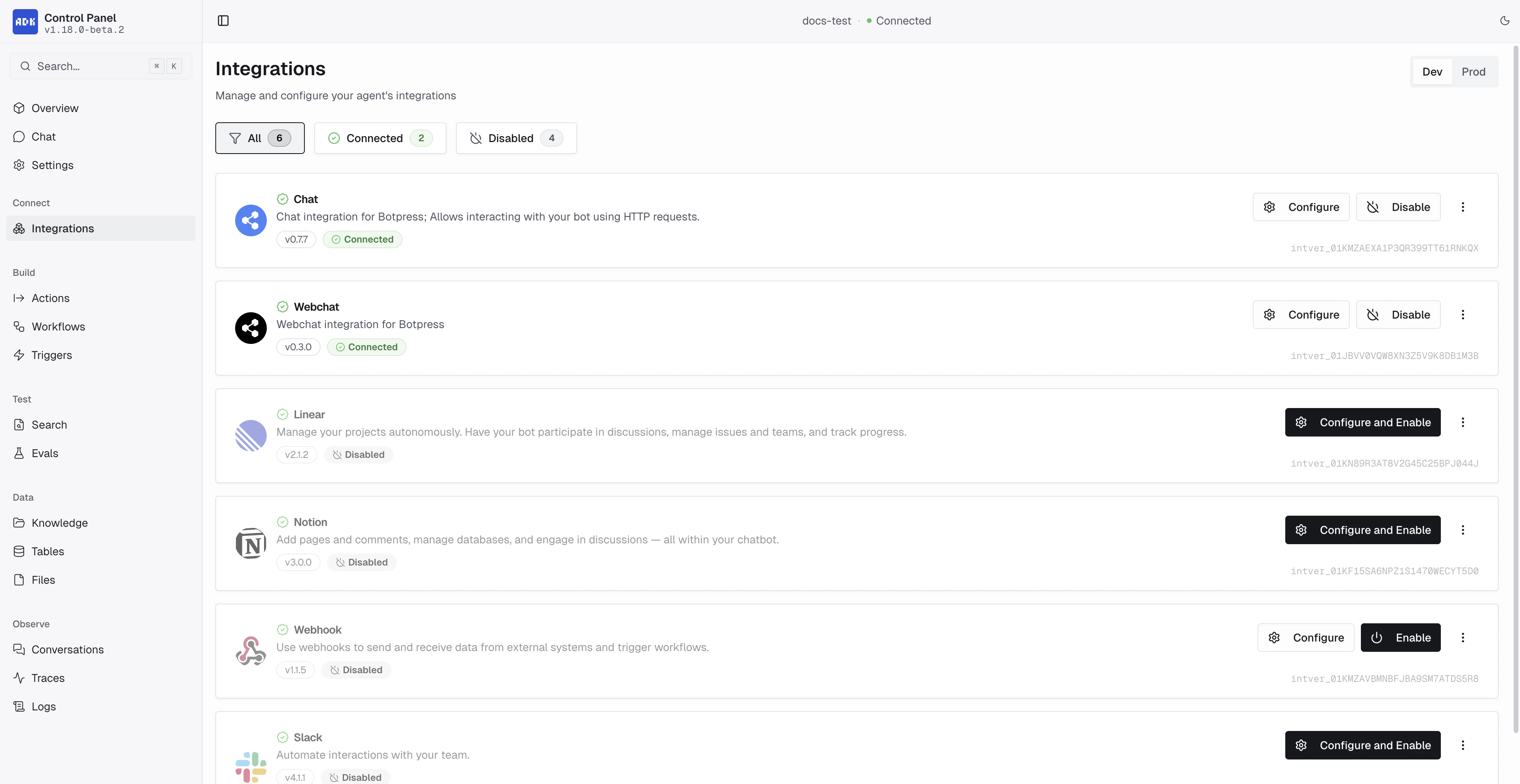 Integrations in the Control Panel