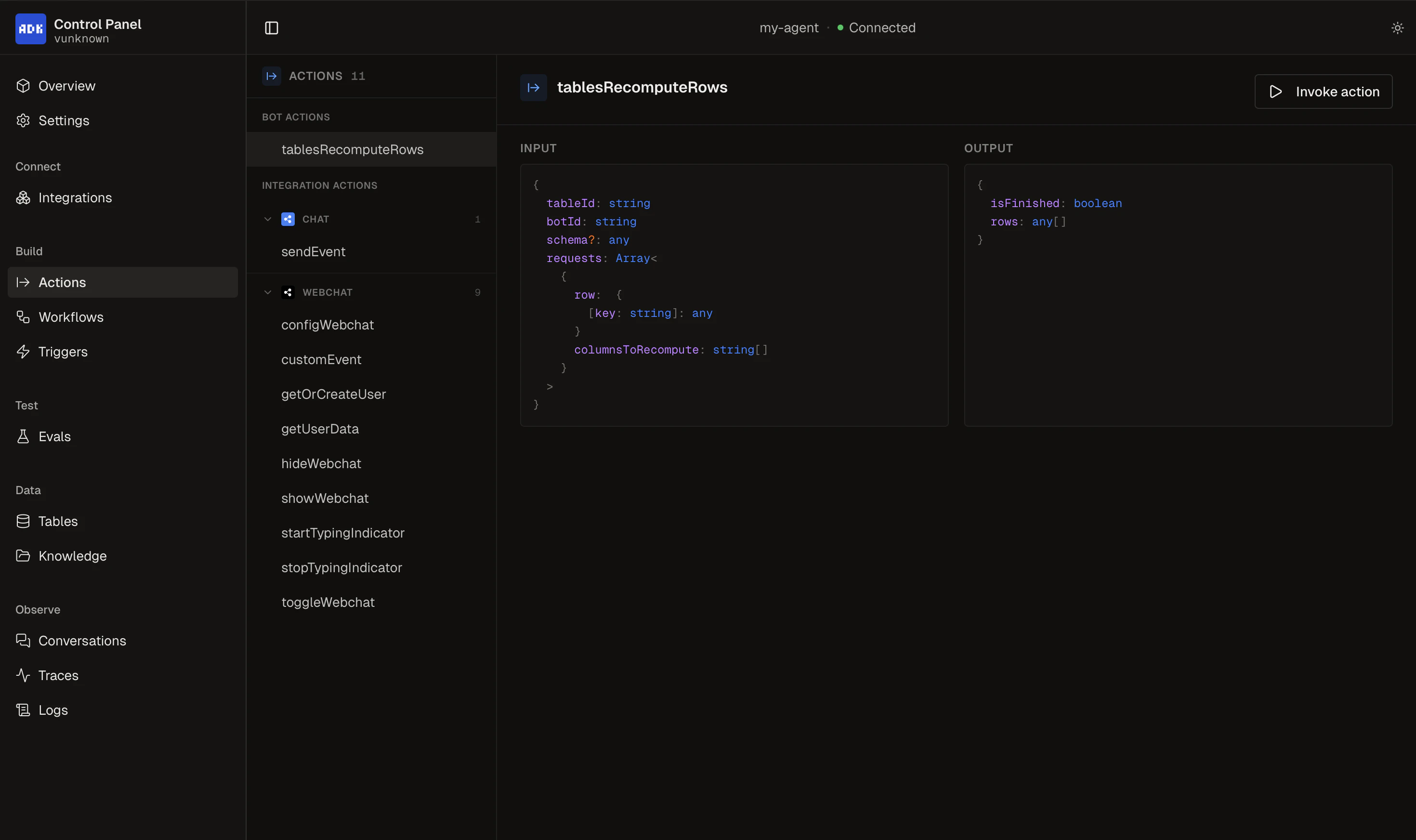 Actions page with Integration and Bot Actions