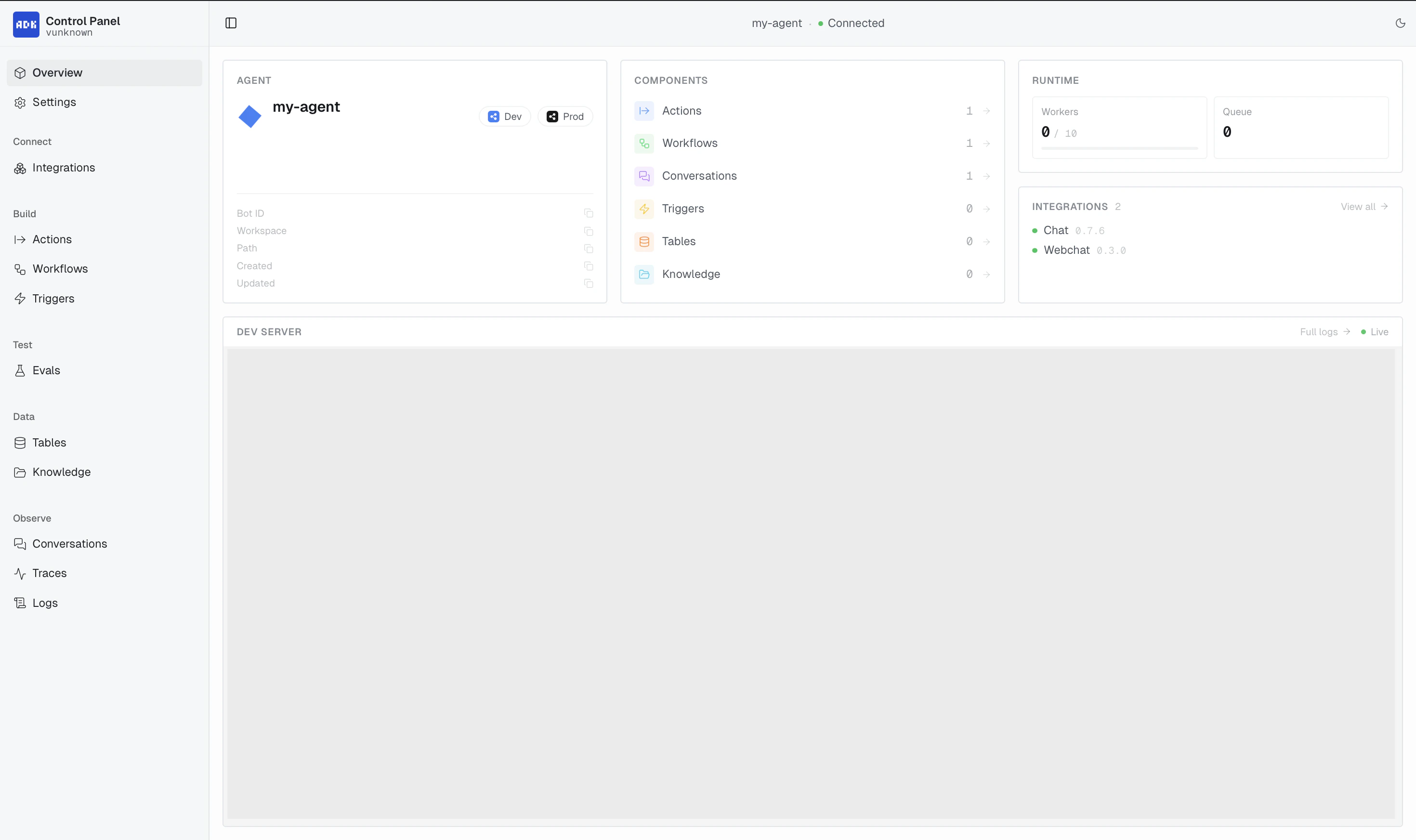 ADK Control Panel with sidebar and main view