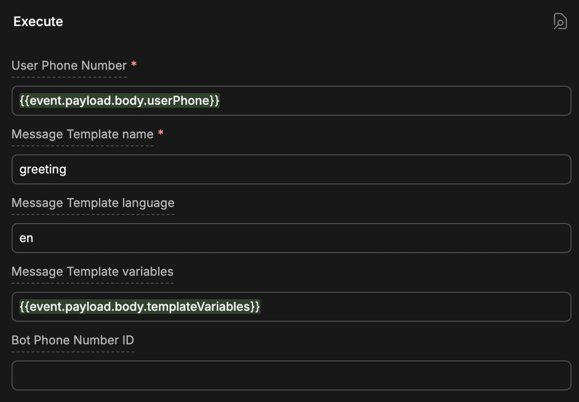 Start Conversation Card with User Phone, Template name, Template language, and Template variables