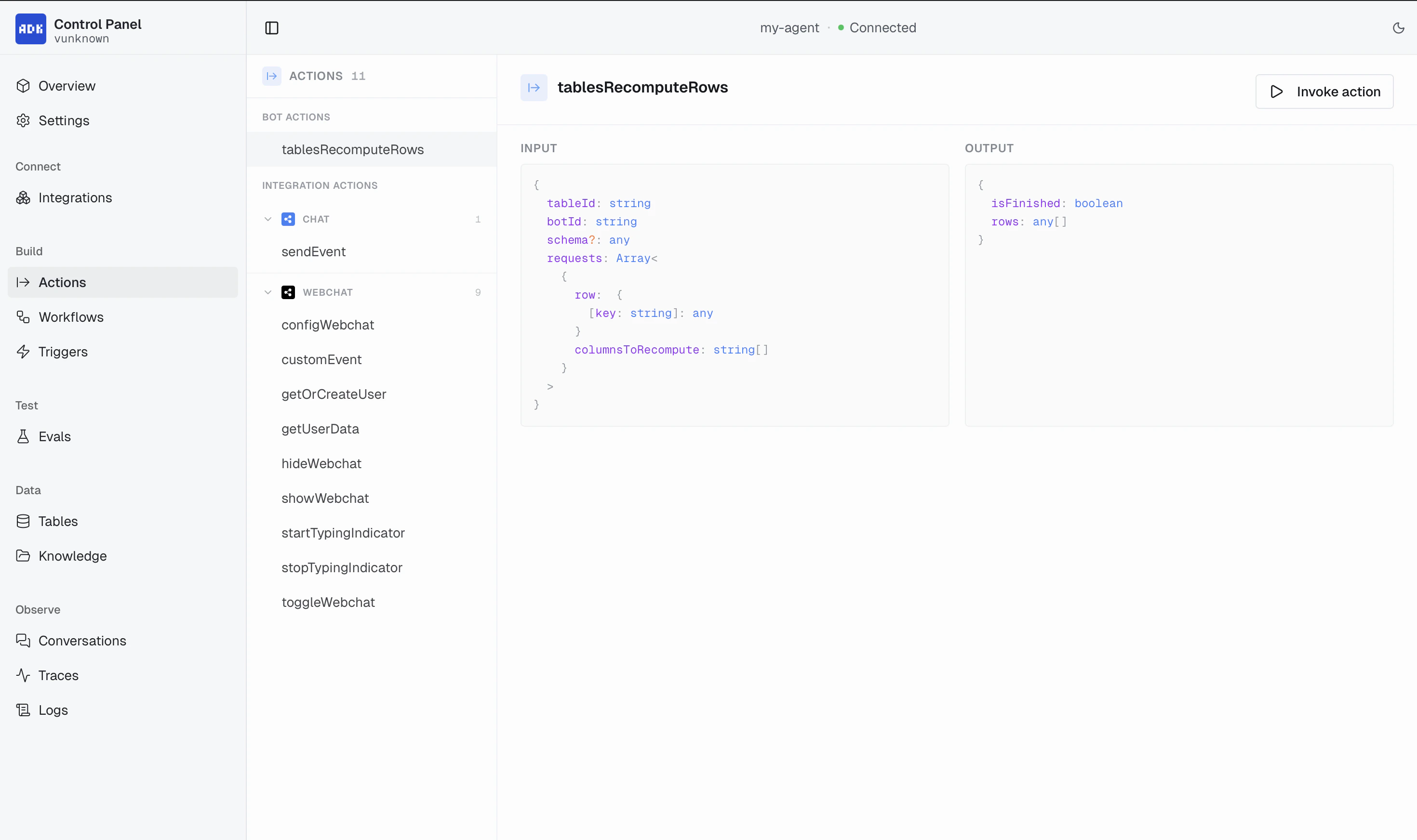 Actions page with Integration and Bot Actions