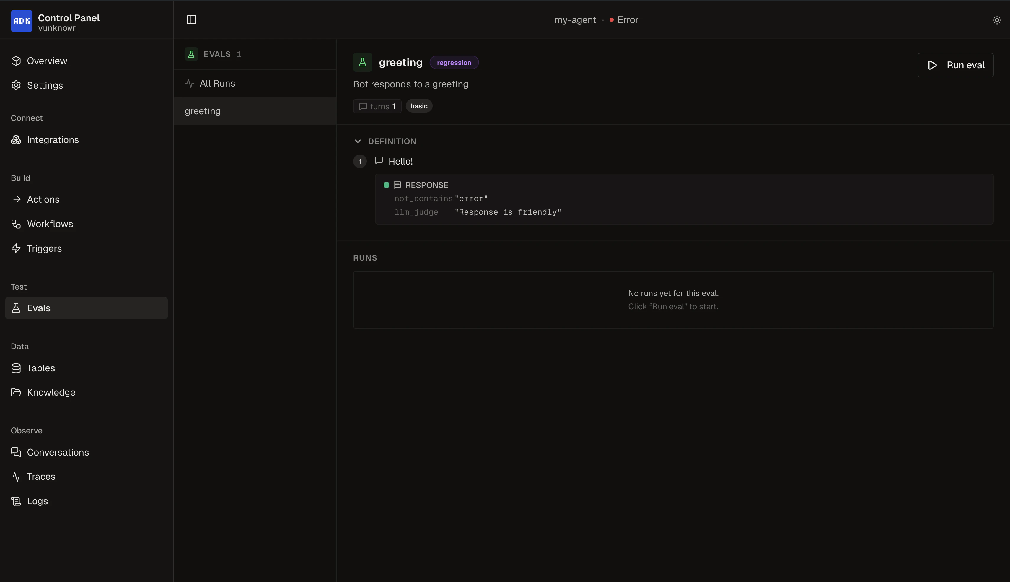 Evals page for declarative conversation tests