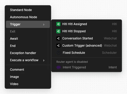 Trigger menu