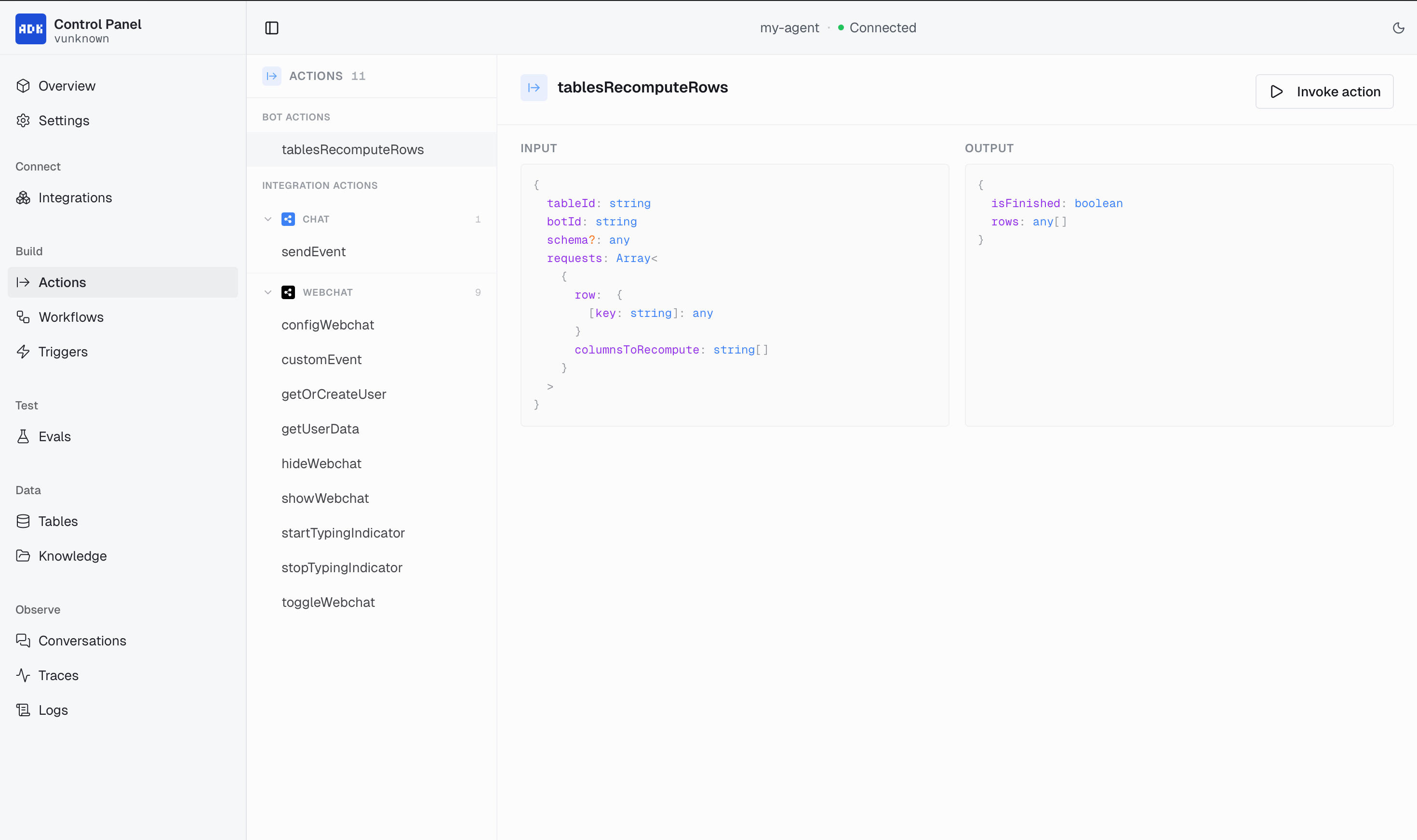 Actions page with Integration and Bot Actions