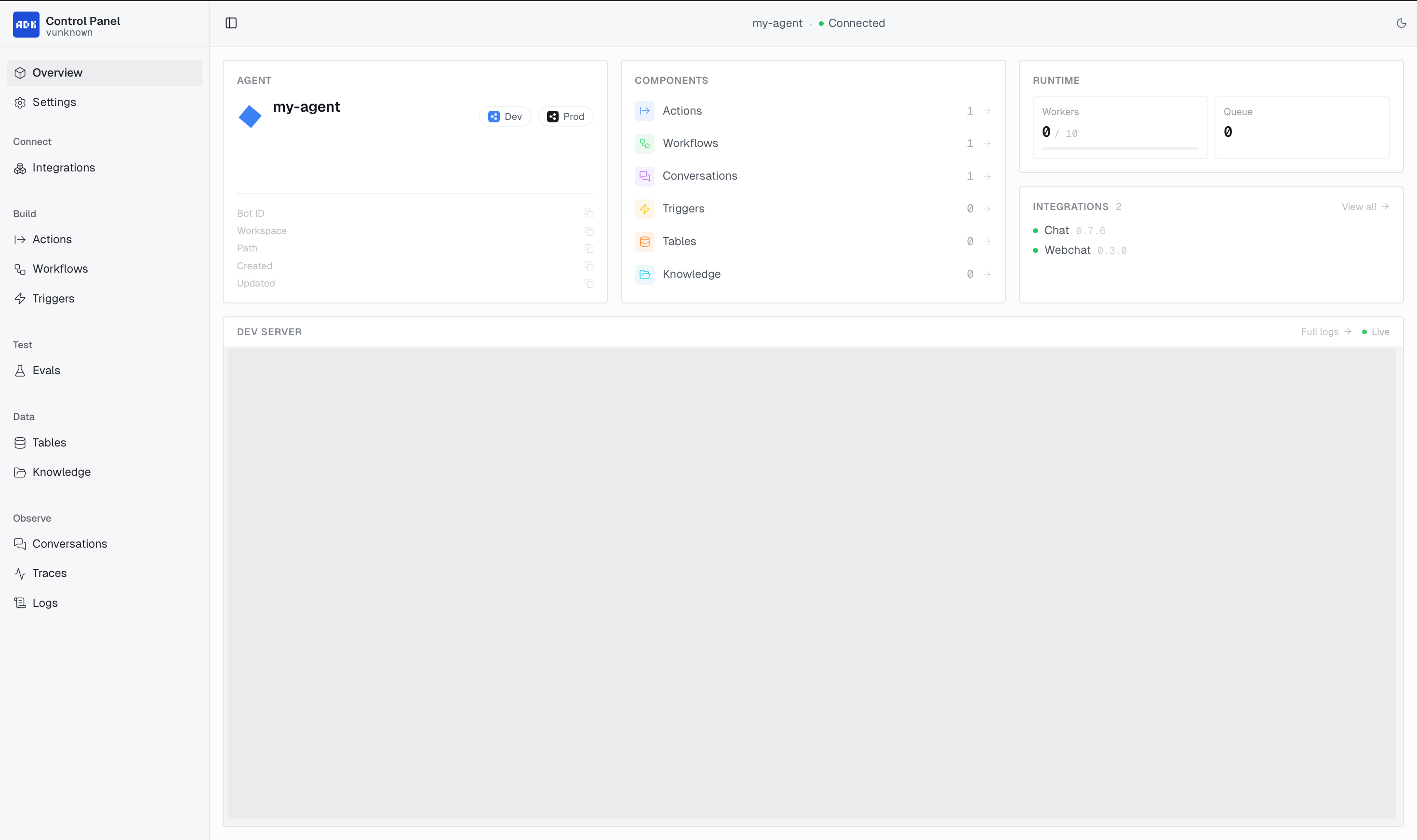 ADK Control Panel with sidebar and main view