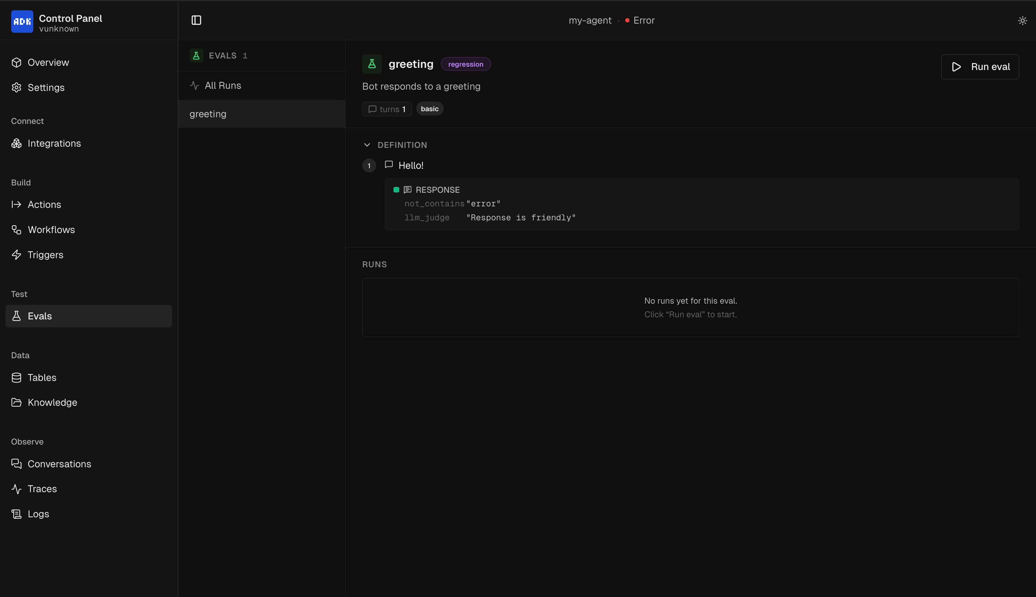 Evals page for declarative conversation tests