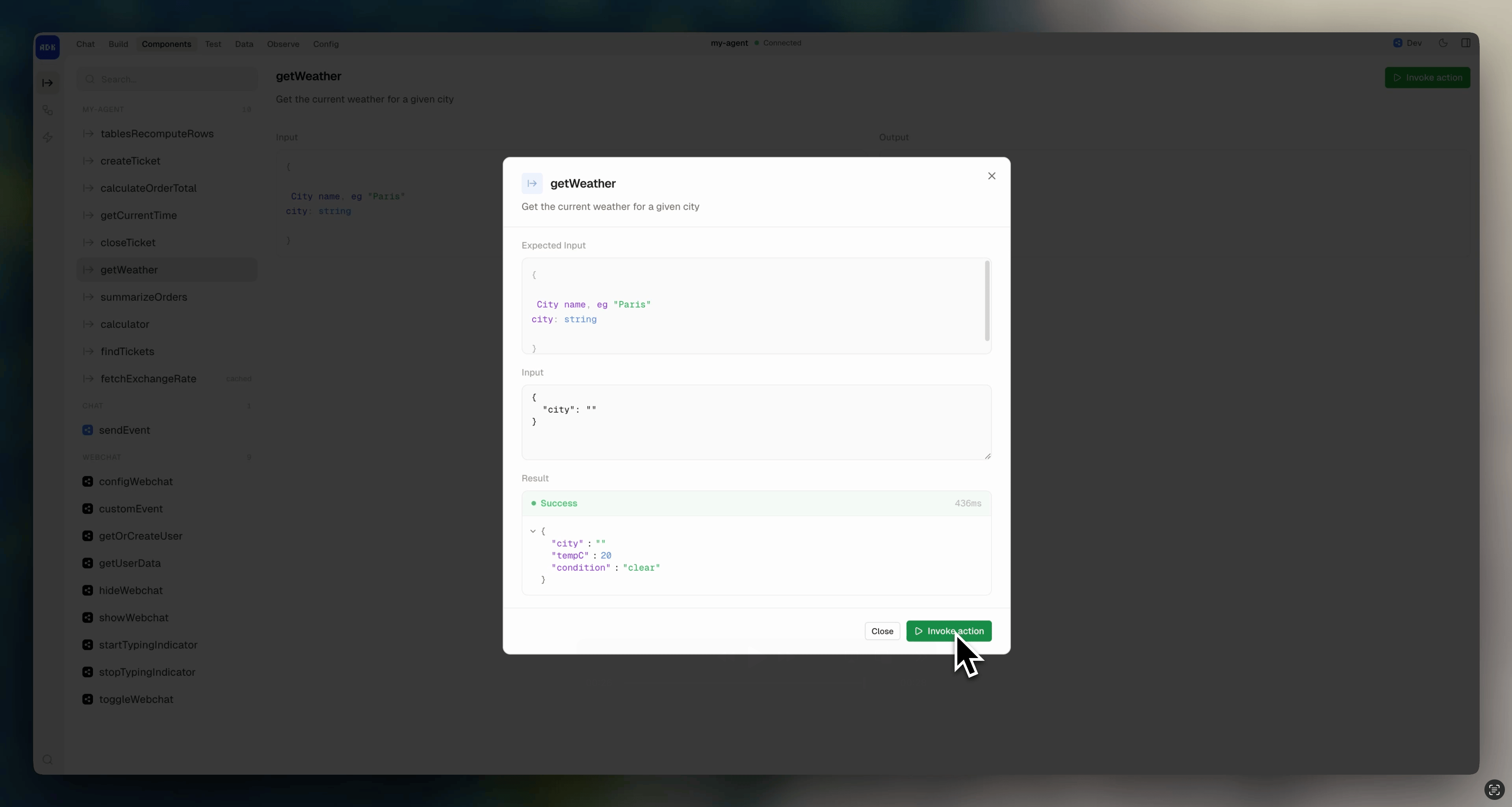 Actions page in dev console