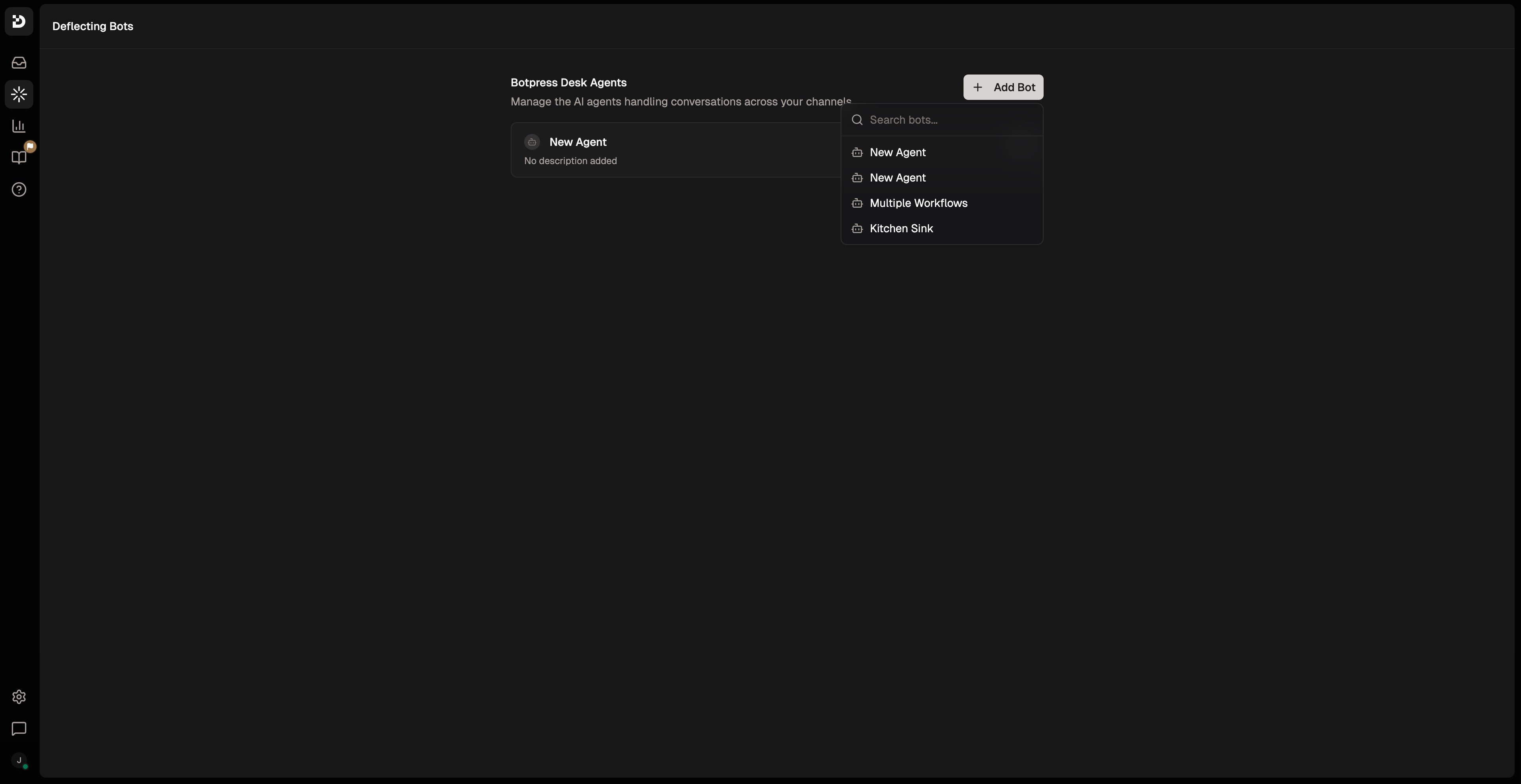 Deflecting Bots page in Botpress Desk settings