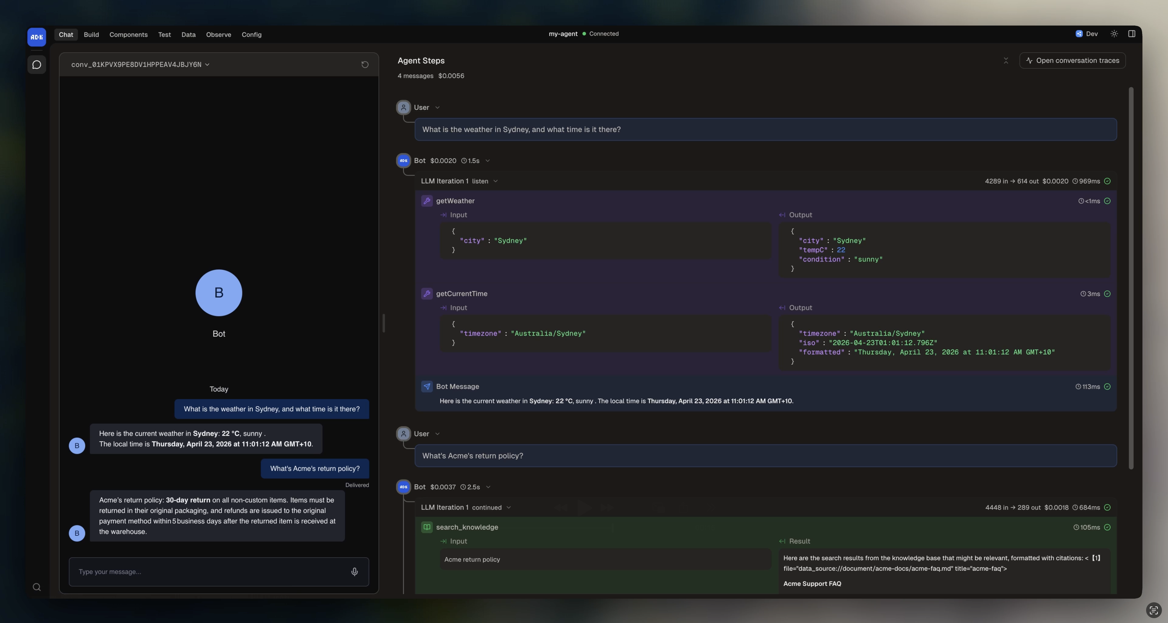Agent Steps panel in dev console