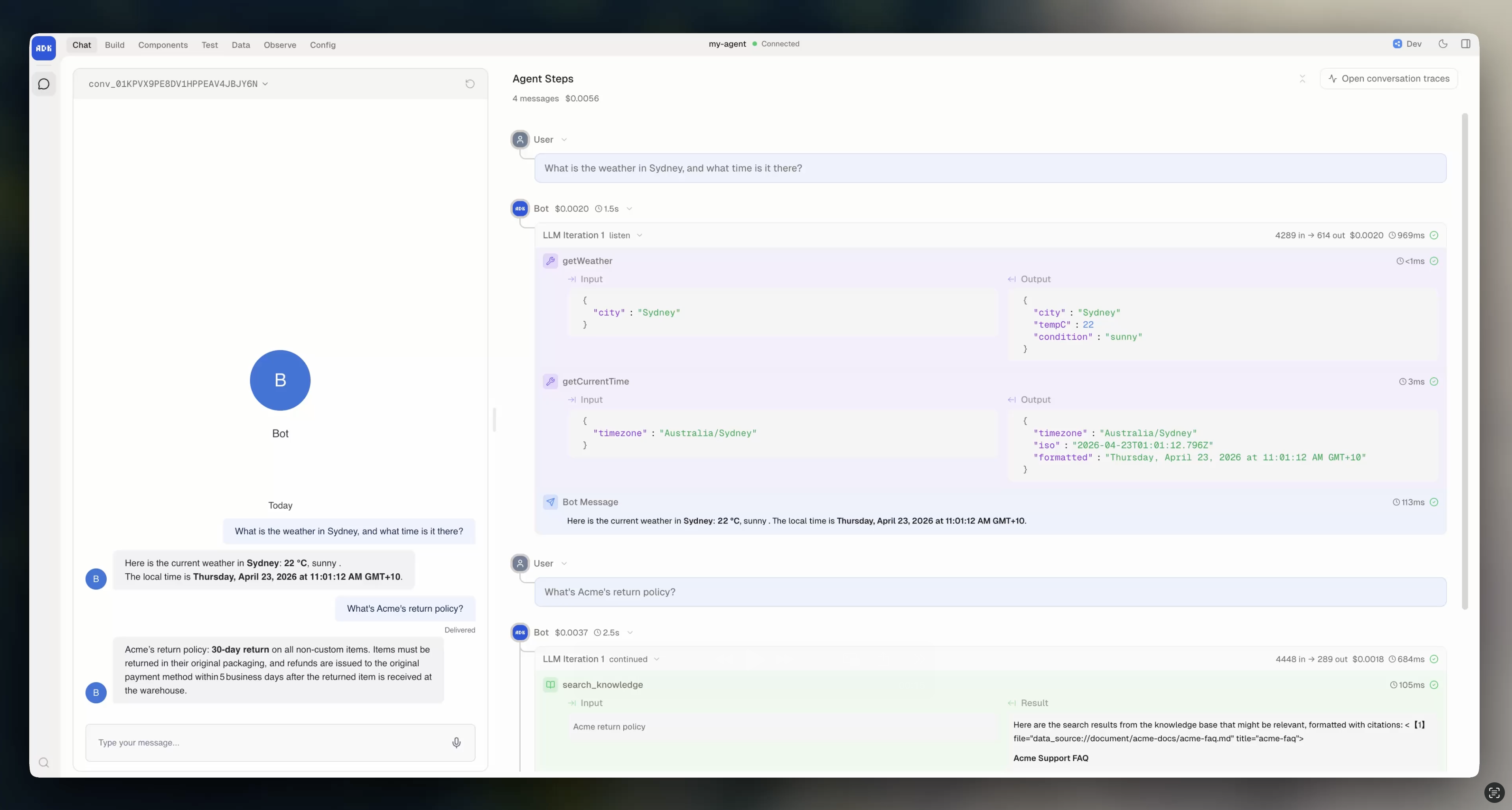 Agent Steps panel in dev console