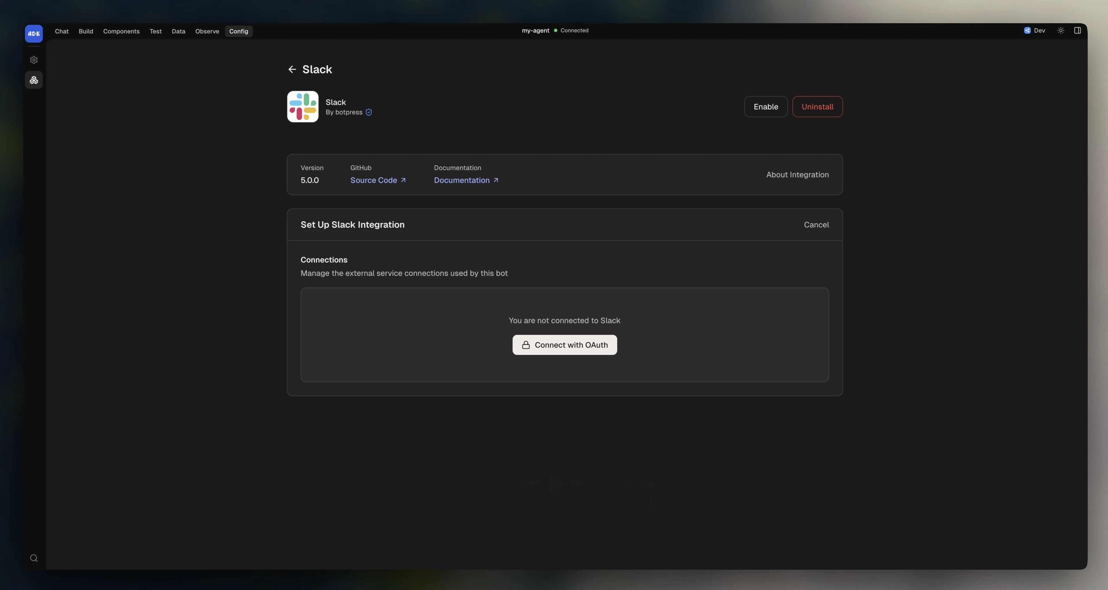 Integration configuration in dev console