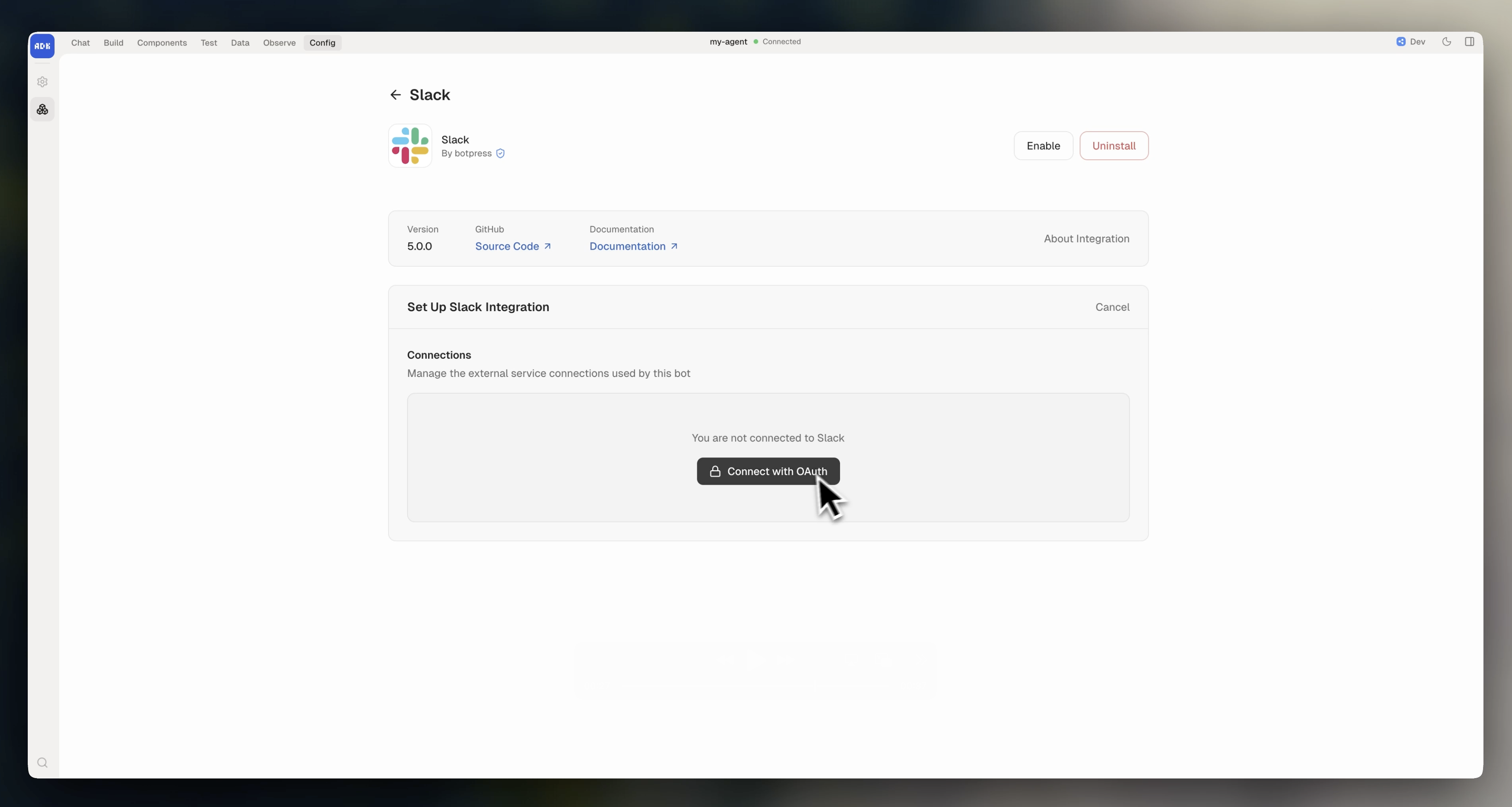 Integration configuration in dev console