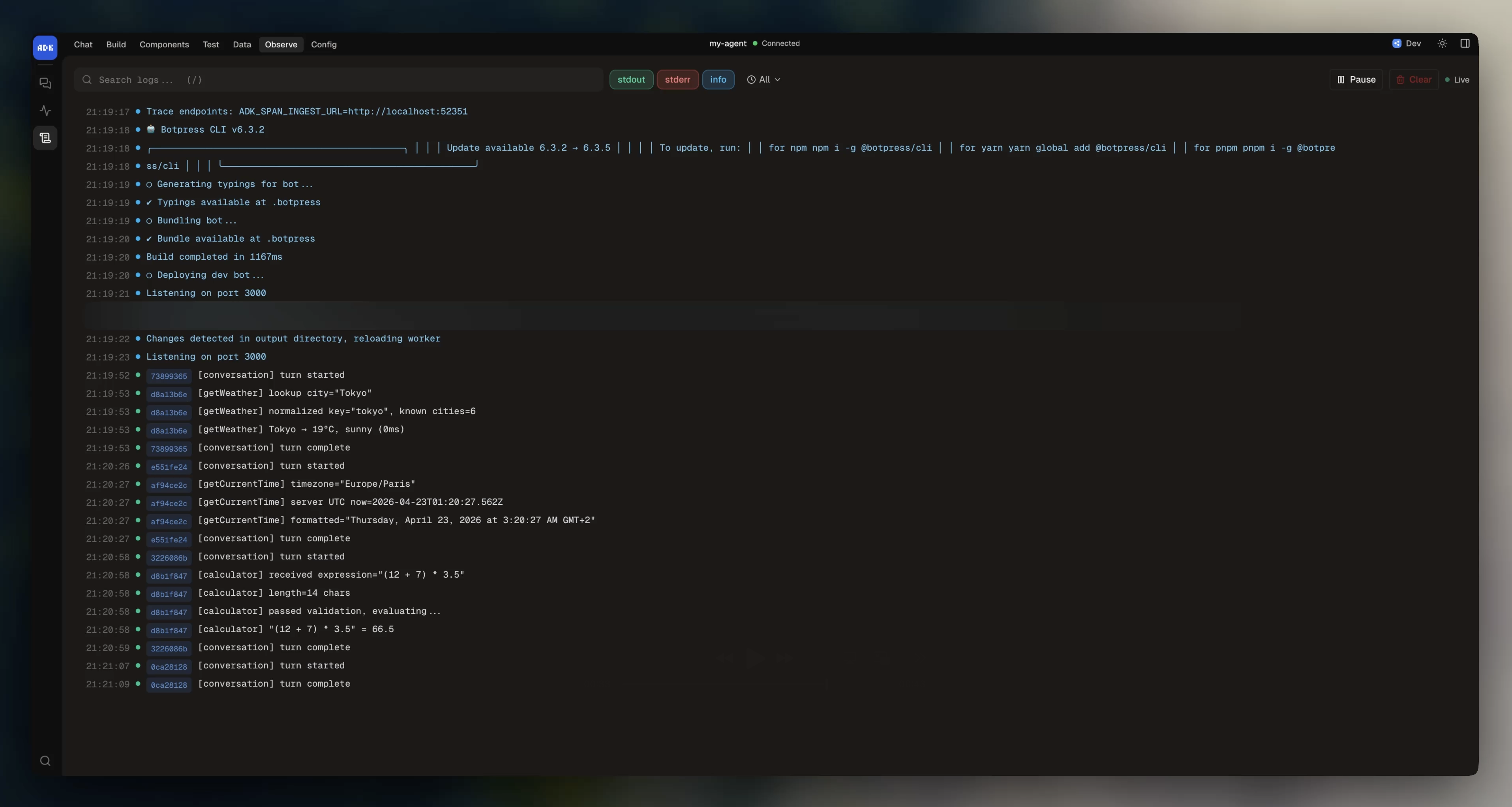 Logs view in dev console