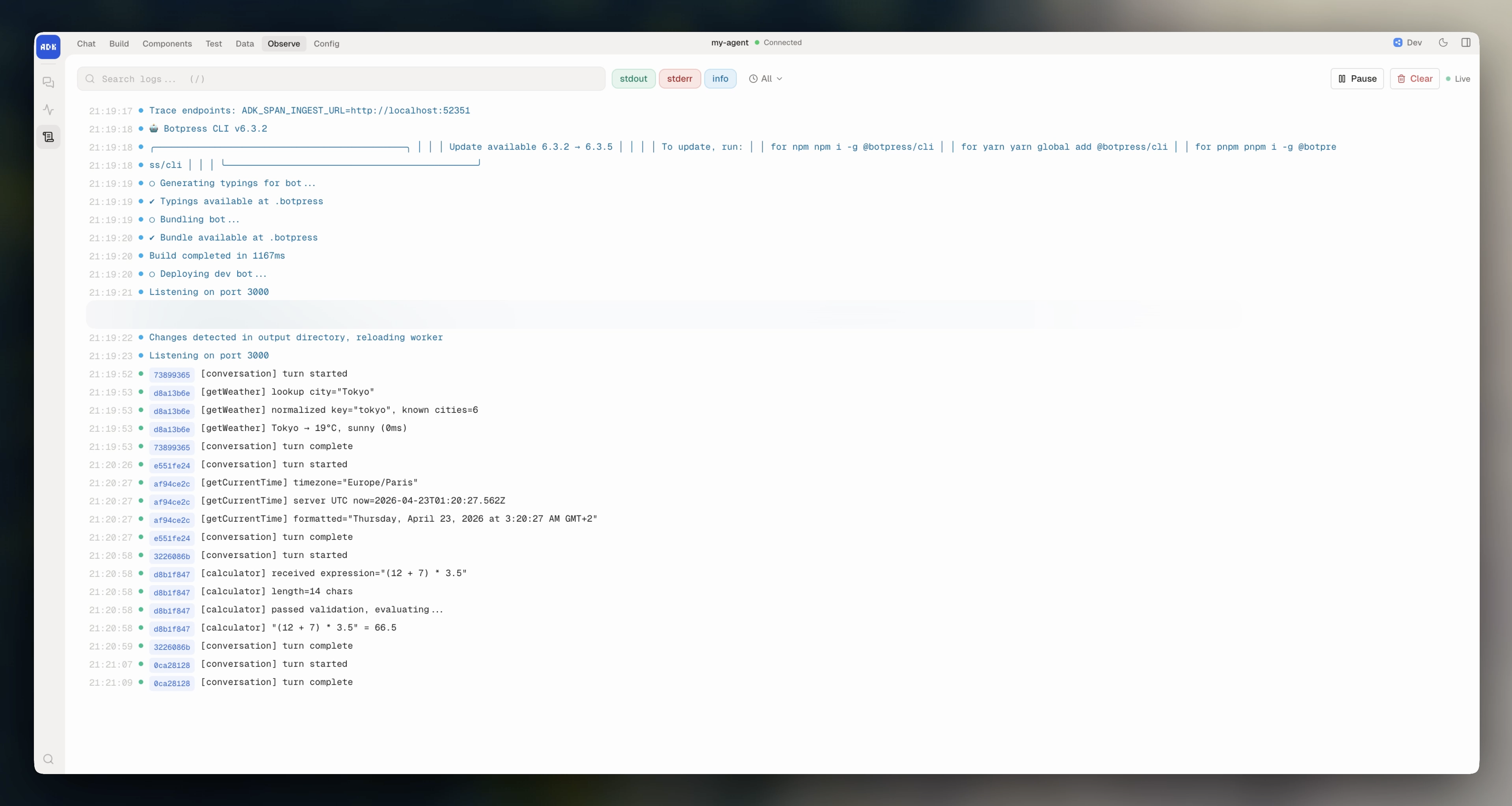 Logs view in dev console