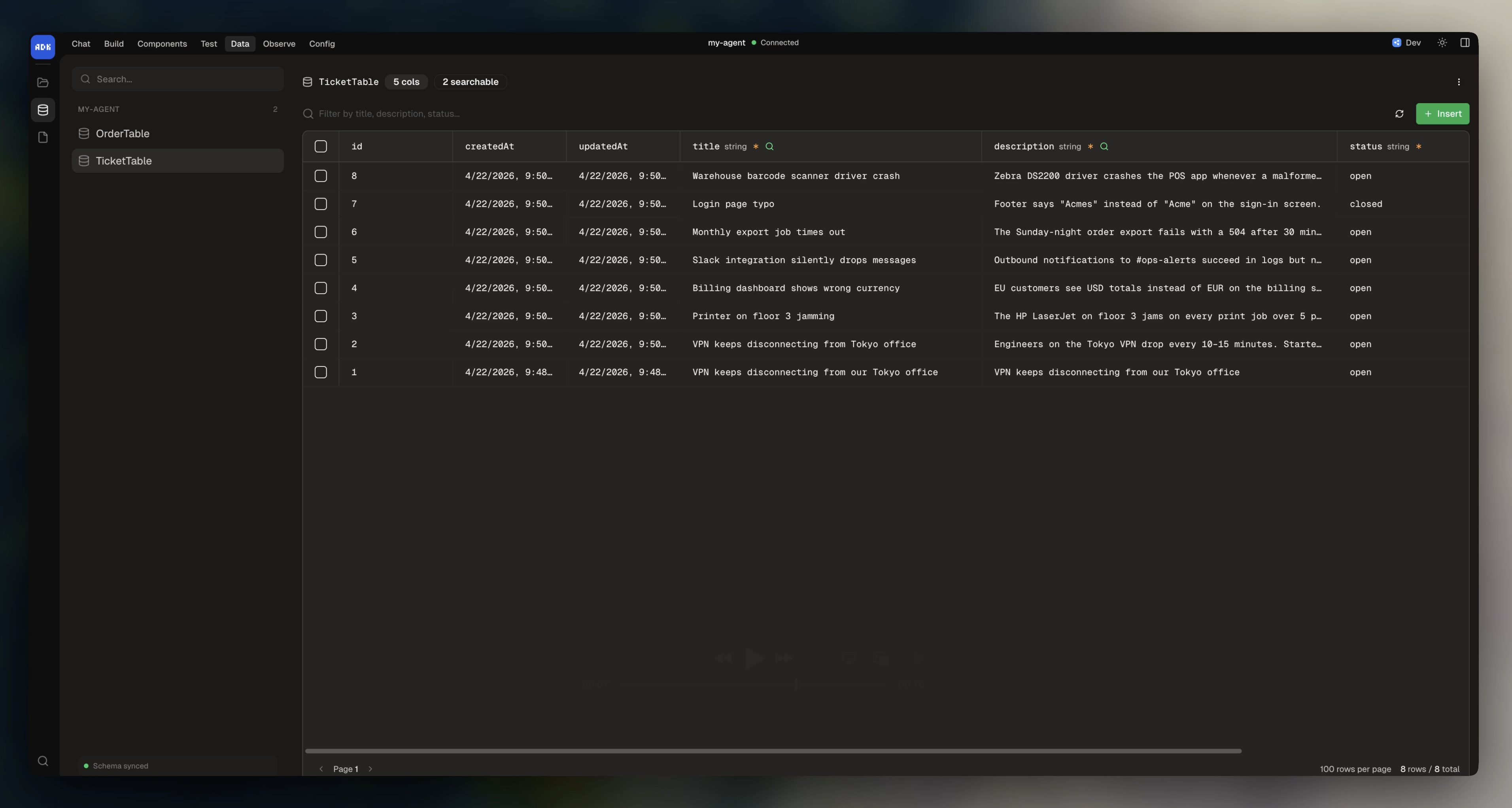 Tables page in dev console