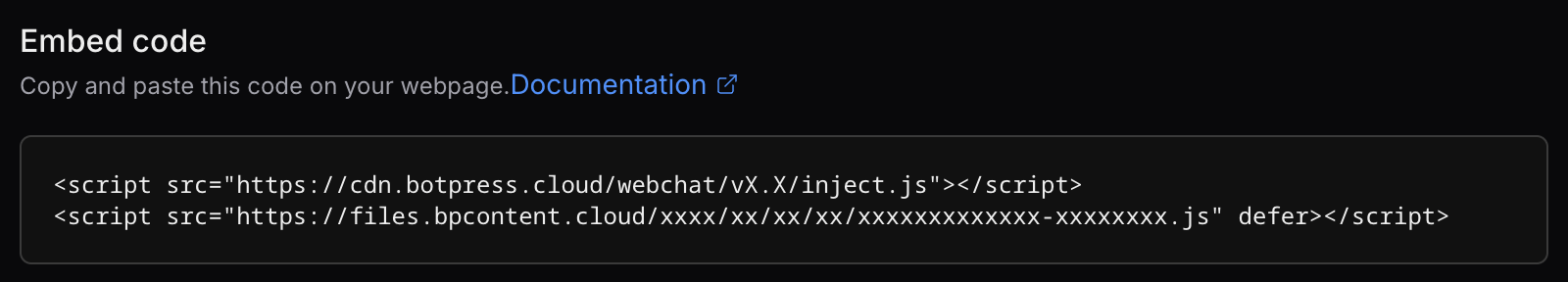 Embed code from Dashboard