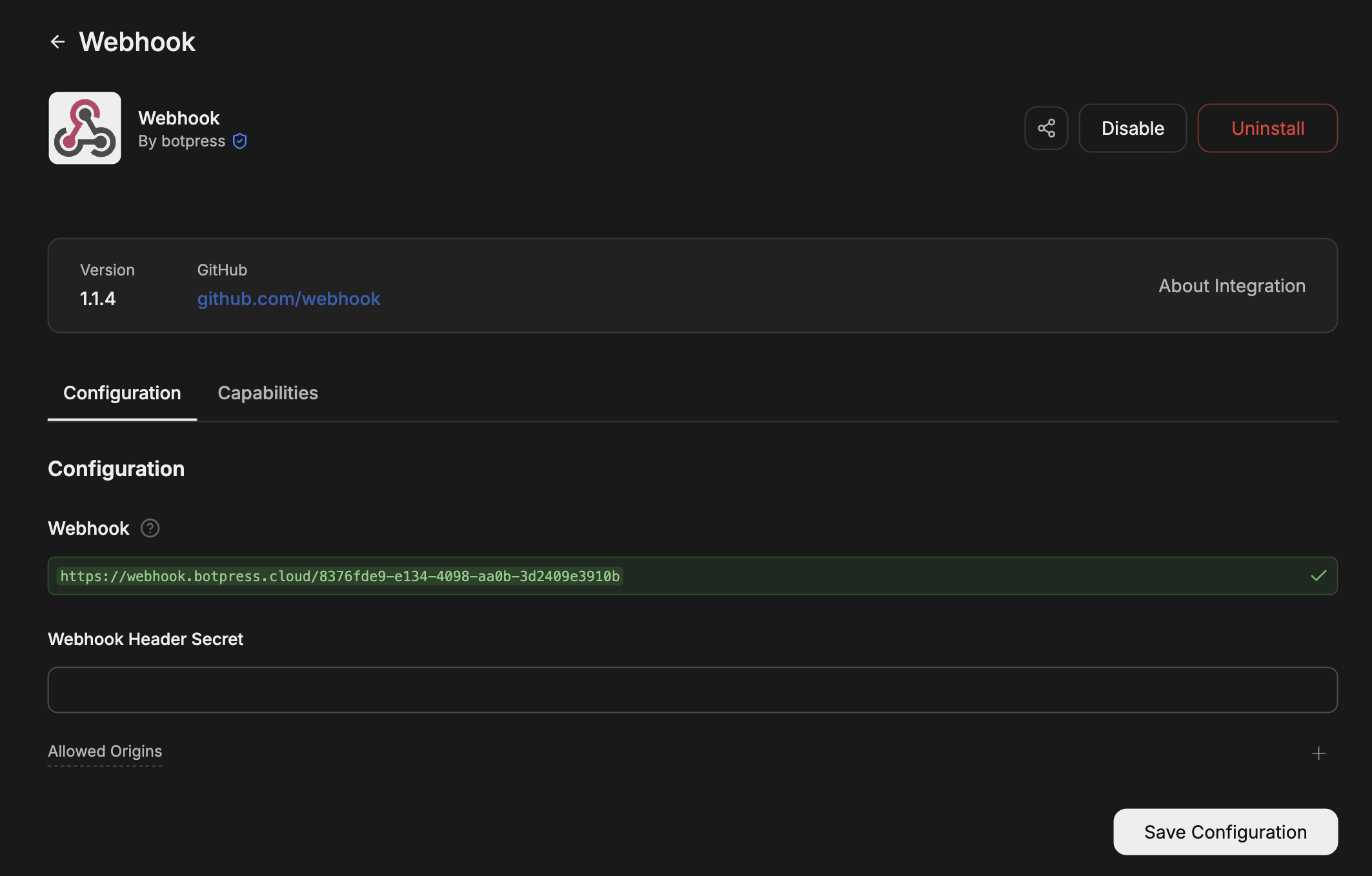 Webhook Configuration page with webhook URL