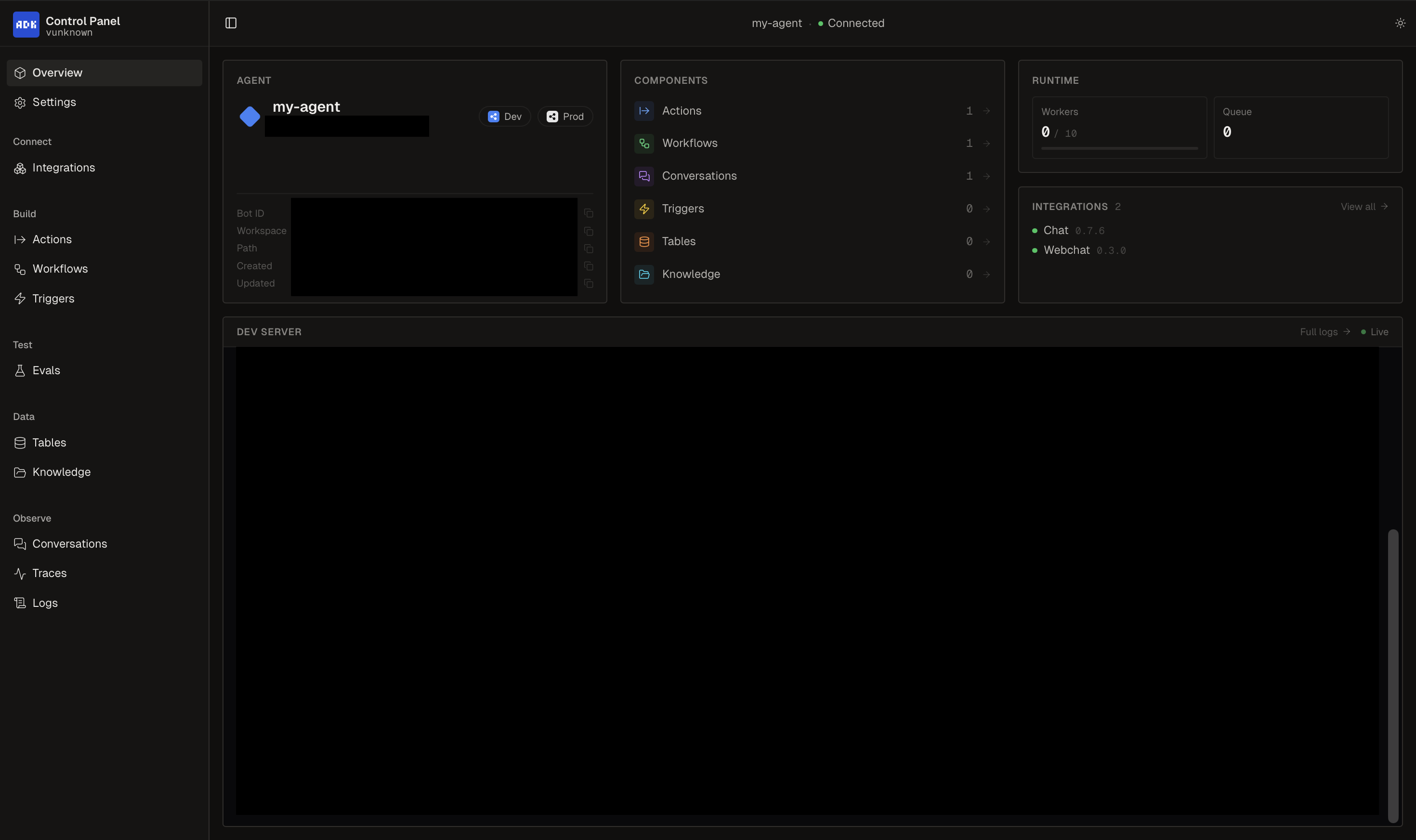 ADK Control Panel with sidebar and main view