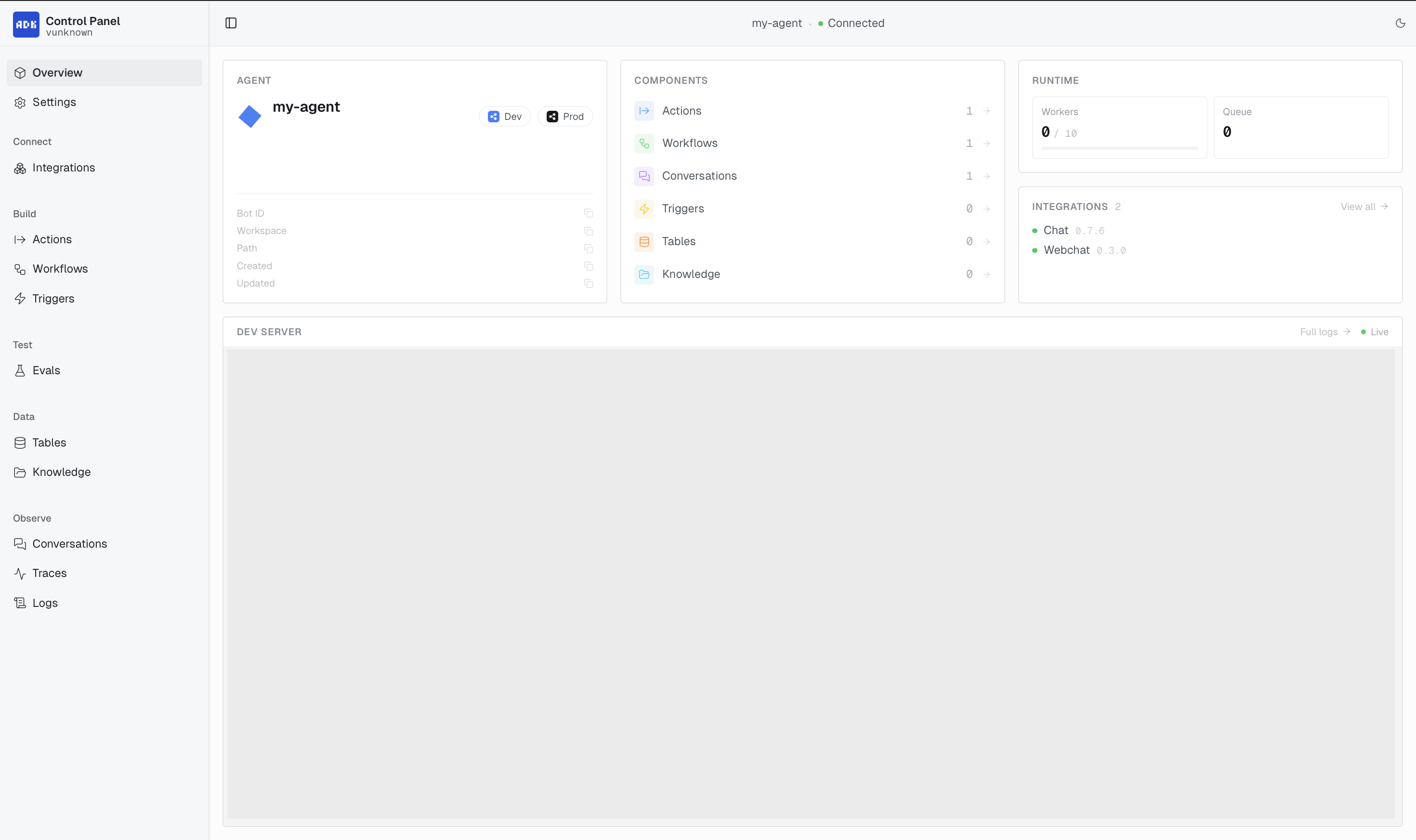 ADK Control Panel with sidebar and main view