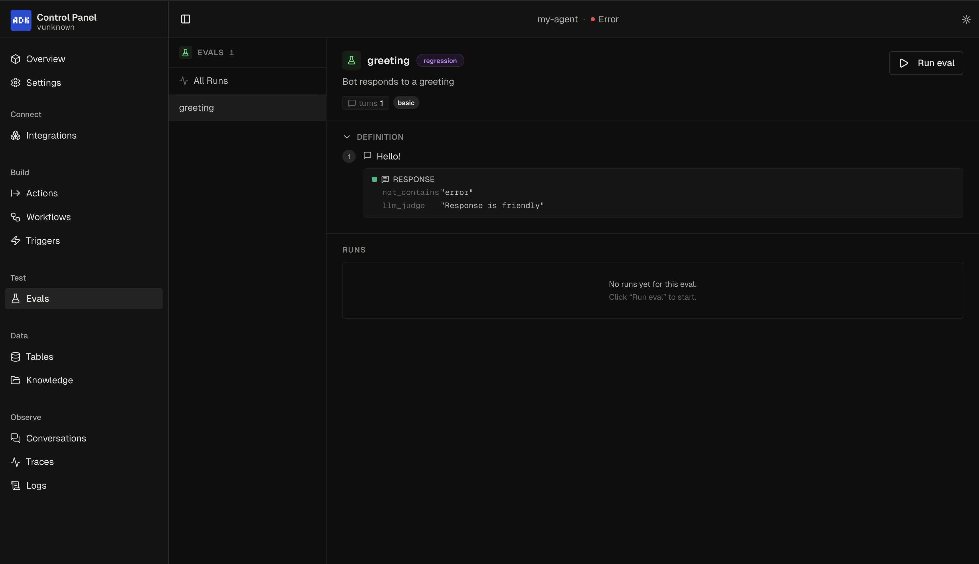 Evals page for declarative conversation tests