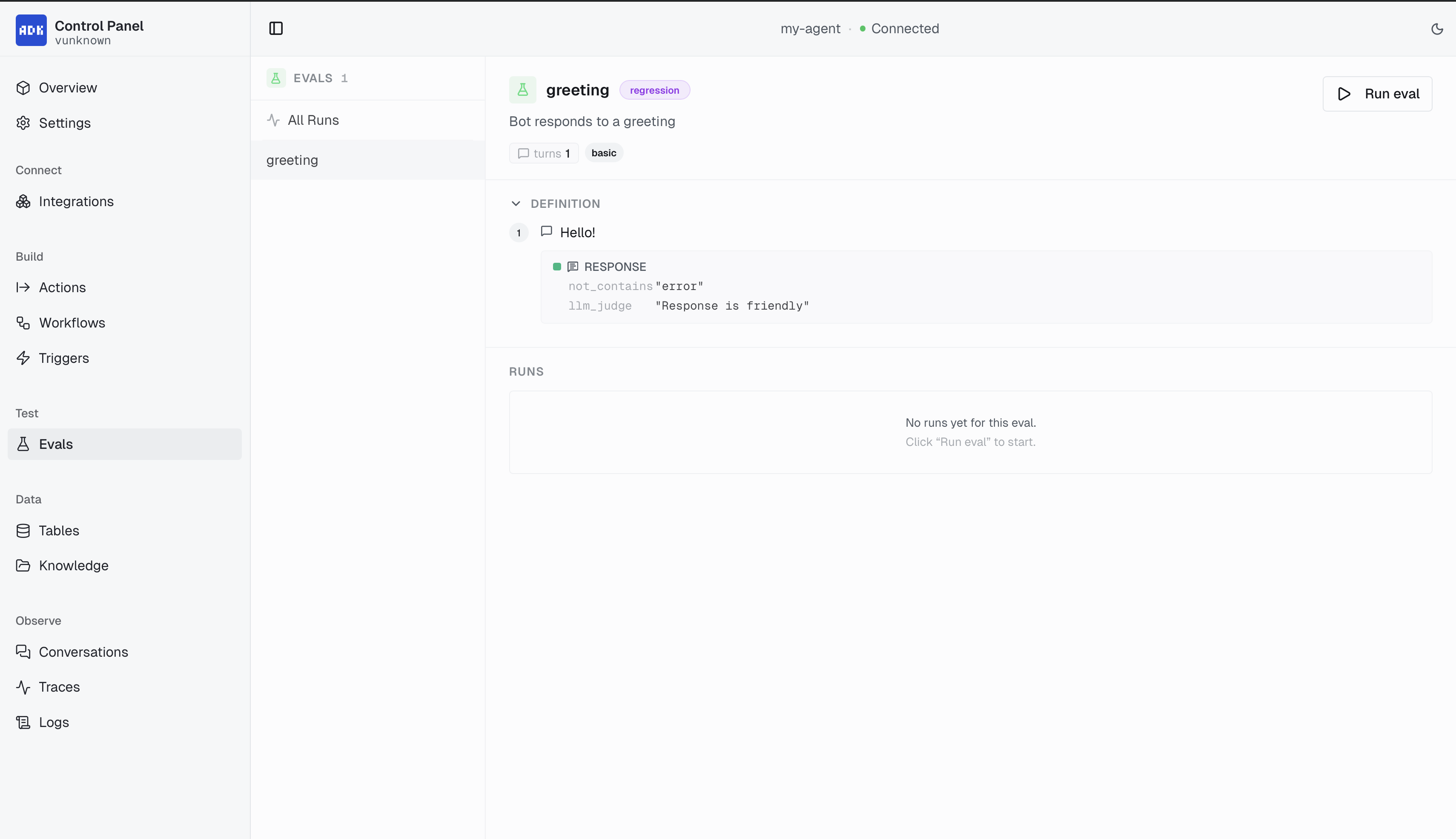 Evals page for declarative conversation tests