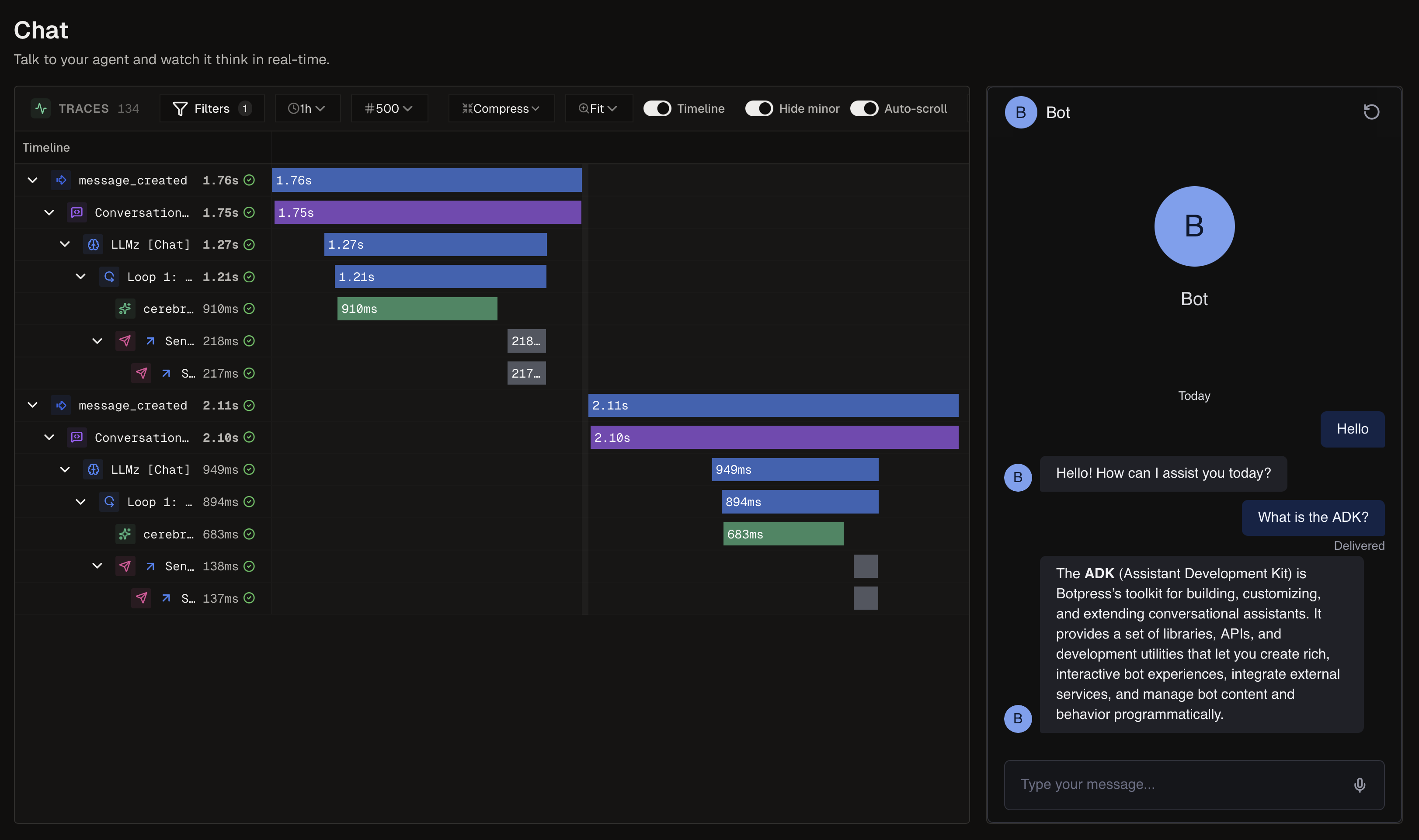 Chat view with Timeline and Bot conversation