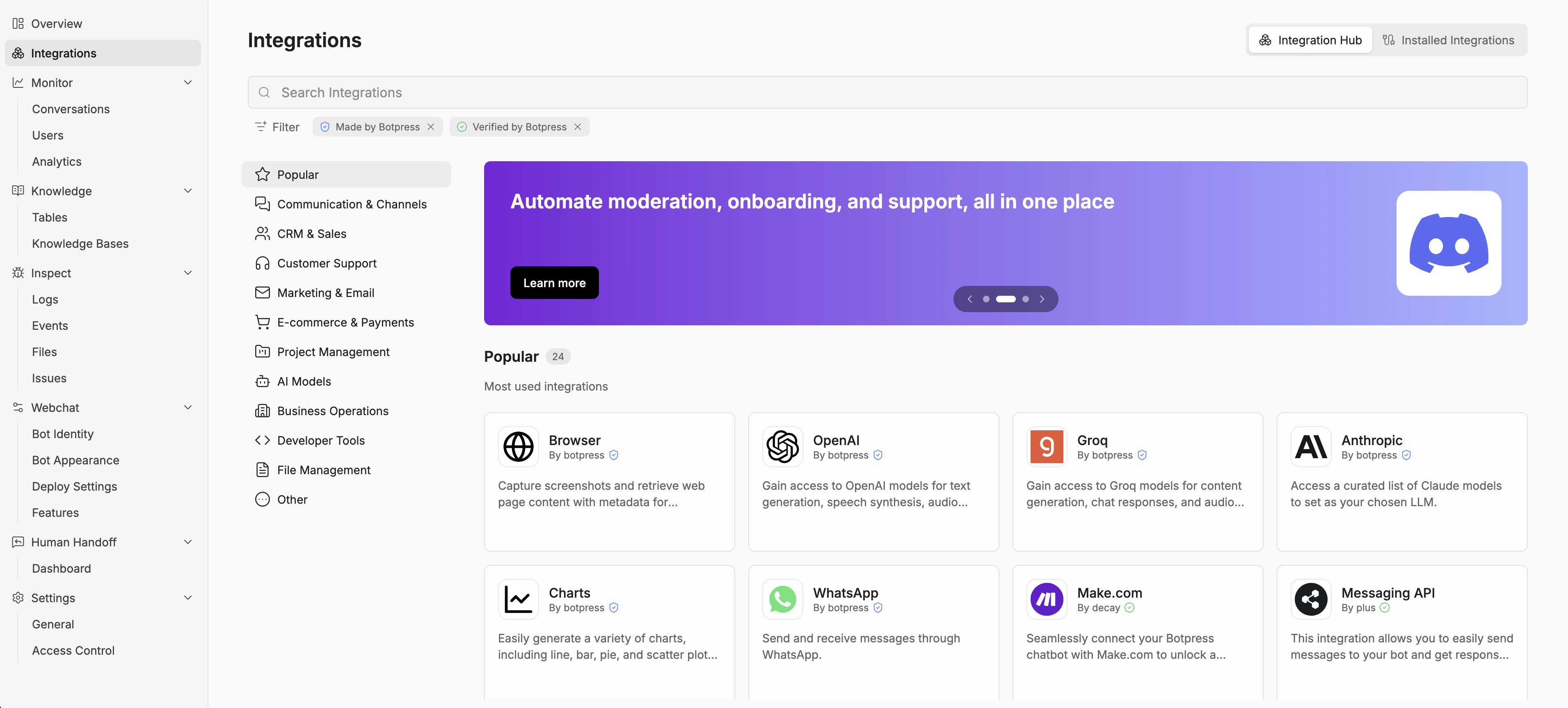 Integrations hub on the dashboard