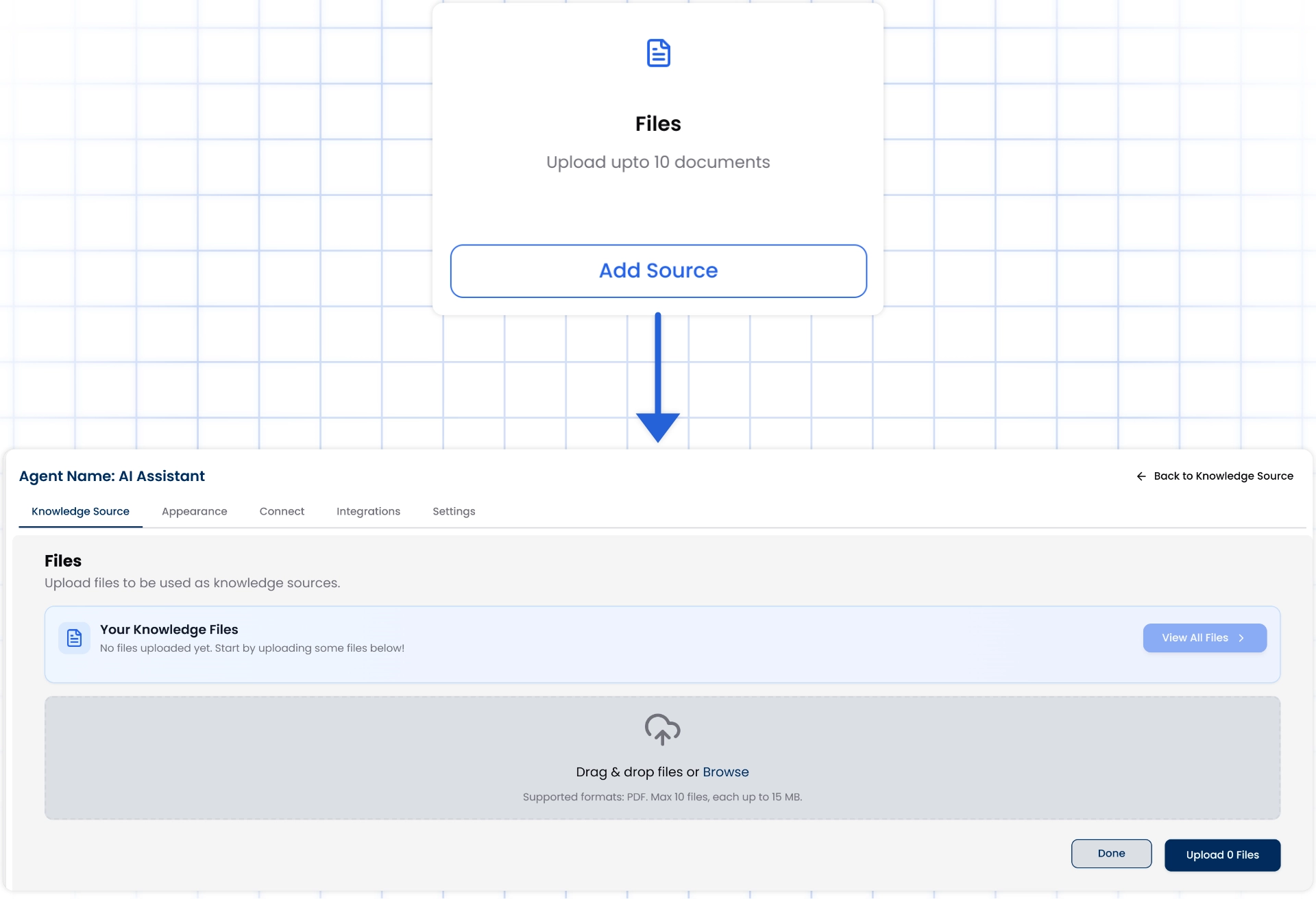 Upload files and documents to train your agent.