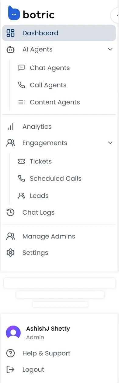 Botric Admin Dashboard Sidebar