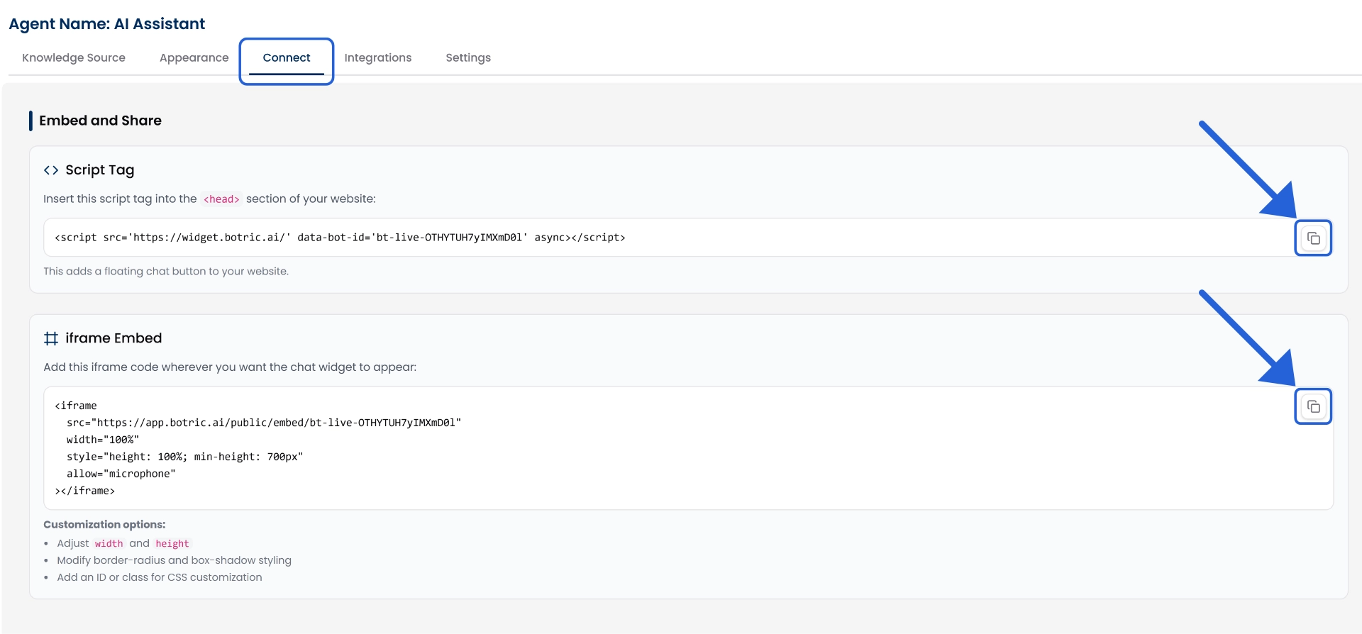 Botric's Chat Agent Integration