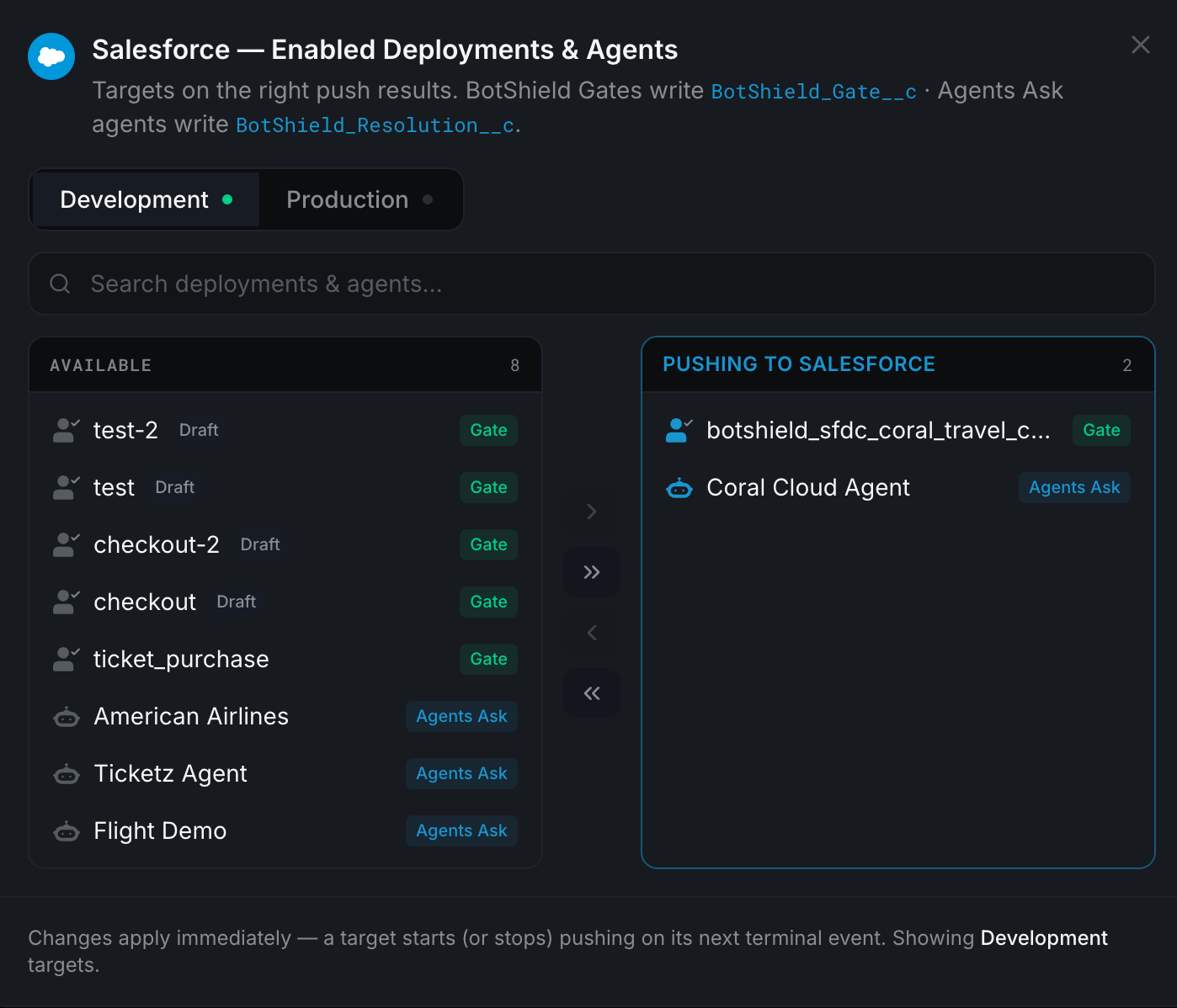 Salesforce Enabled Deployments & Agents dual-list picker
