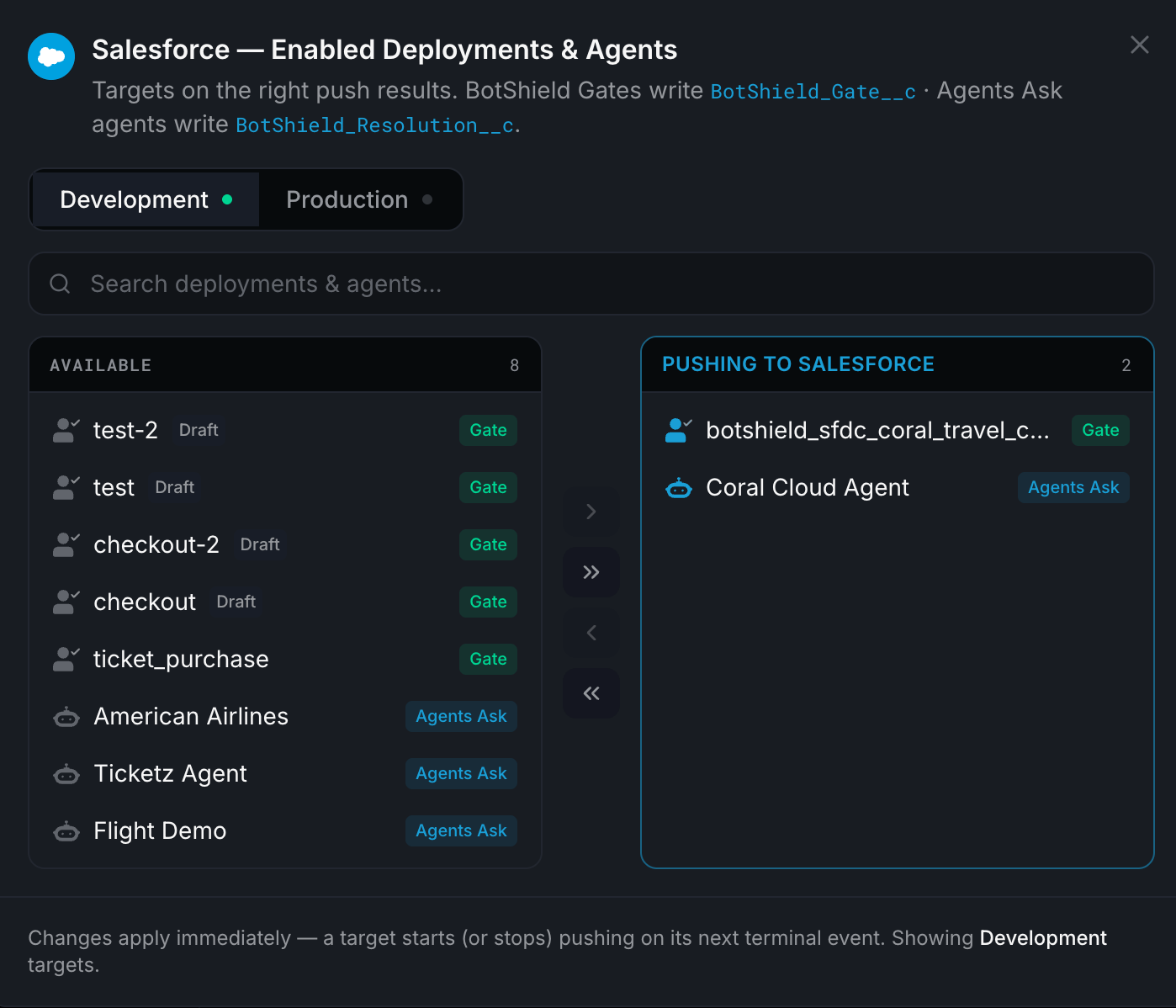 Salesforce Enabled Deployments & Agents dual-list picker
