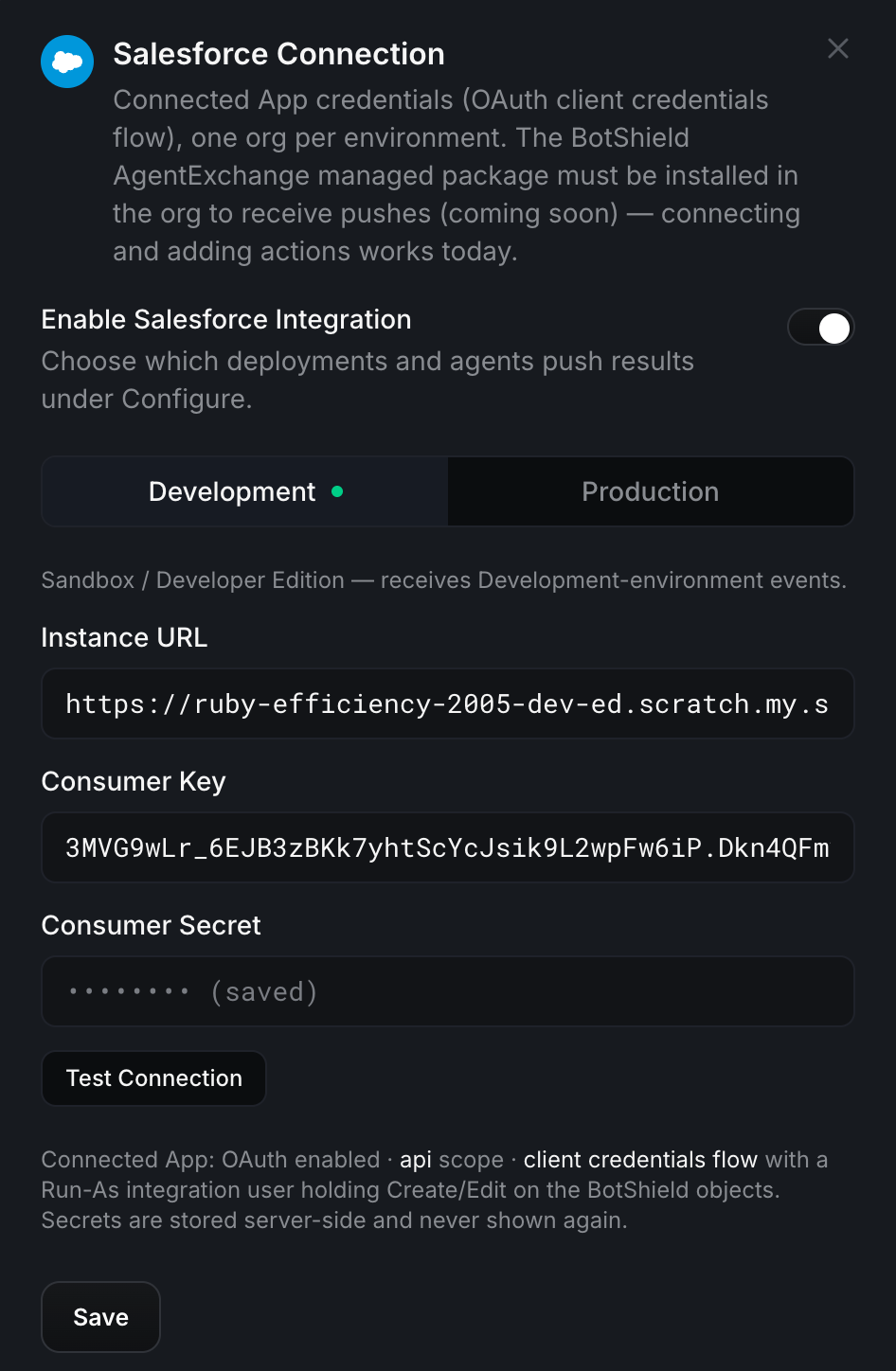 Salesforce Connection modal with Instance URL, Consumer Key and Secret, and Test Connection
