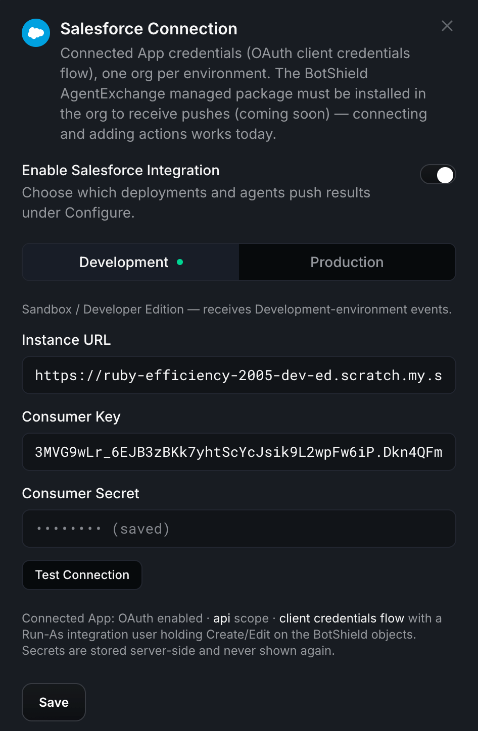 Salesforce Connection modal with Instance URL, Consumer Key and Secret, and Test Connection