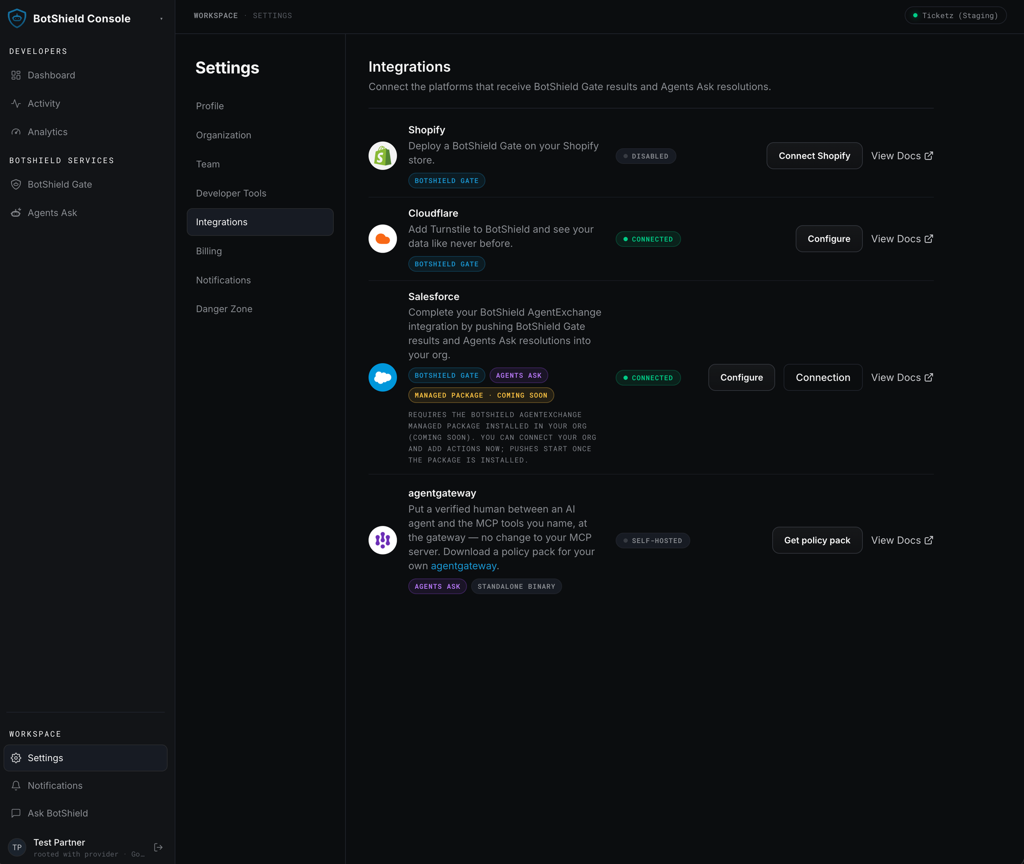 BotShield Console Settings → Integrations, showing the Salesforce card