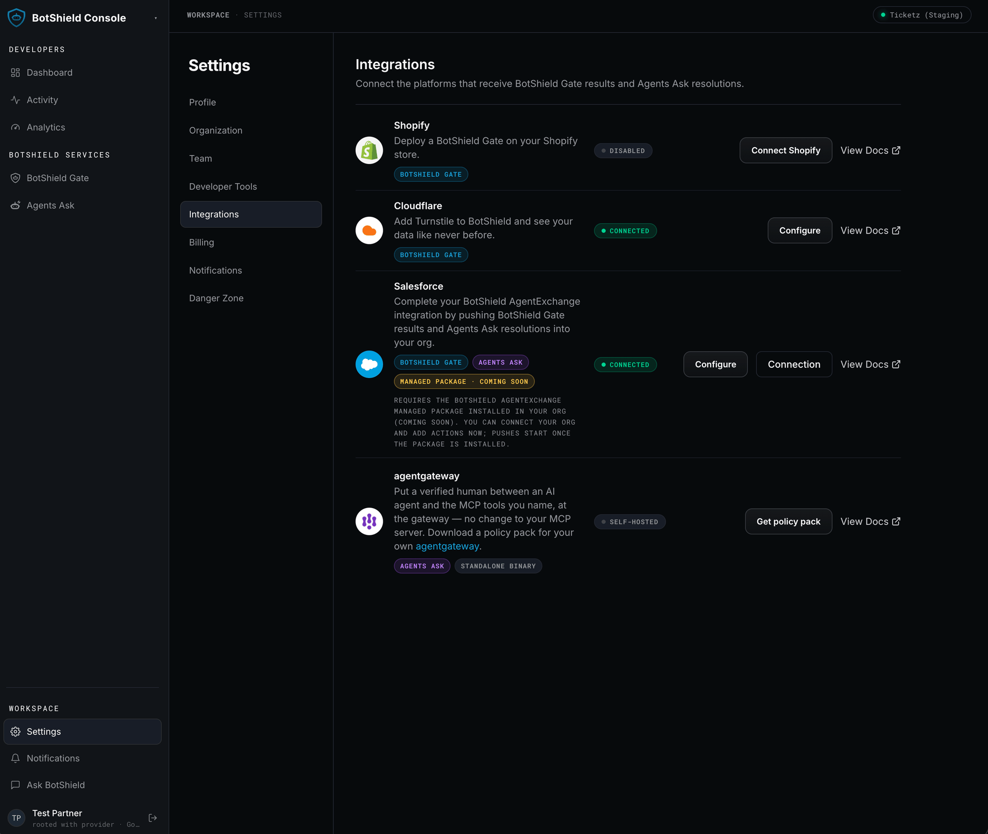 BotShield Console Settings → Integrations, showing the Salesforce card