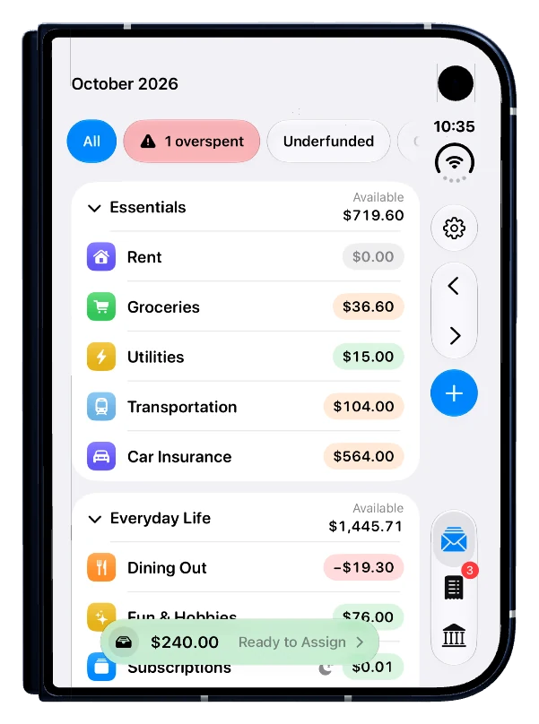 Bow's Budget screen on iPhone Duo with its buttons in a bar along the side