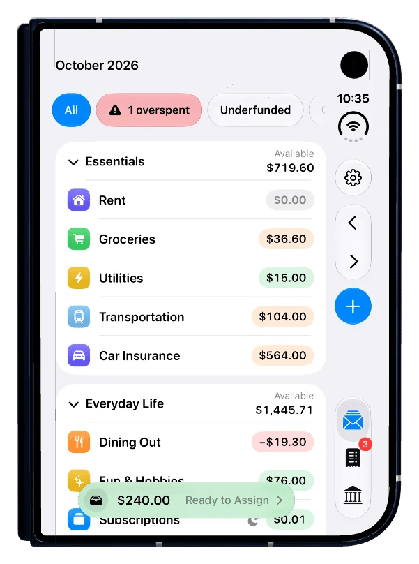 Bow's Budget screen on iPhone Duo with its buttons in a bar along the side