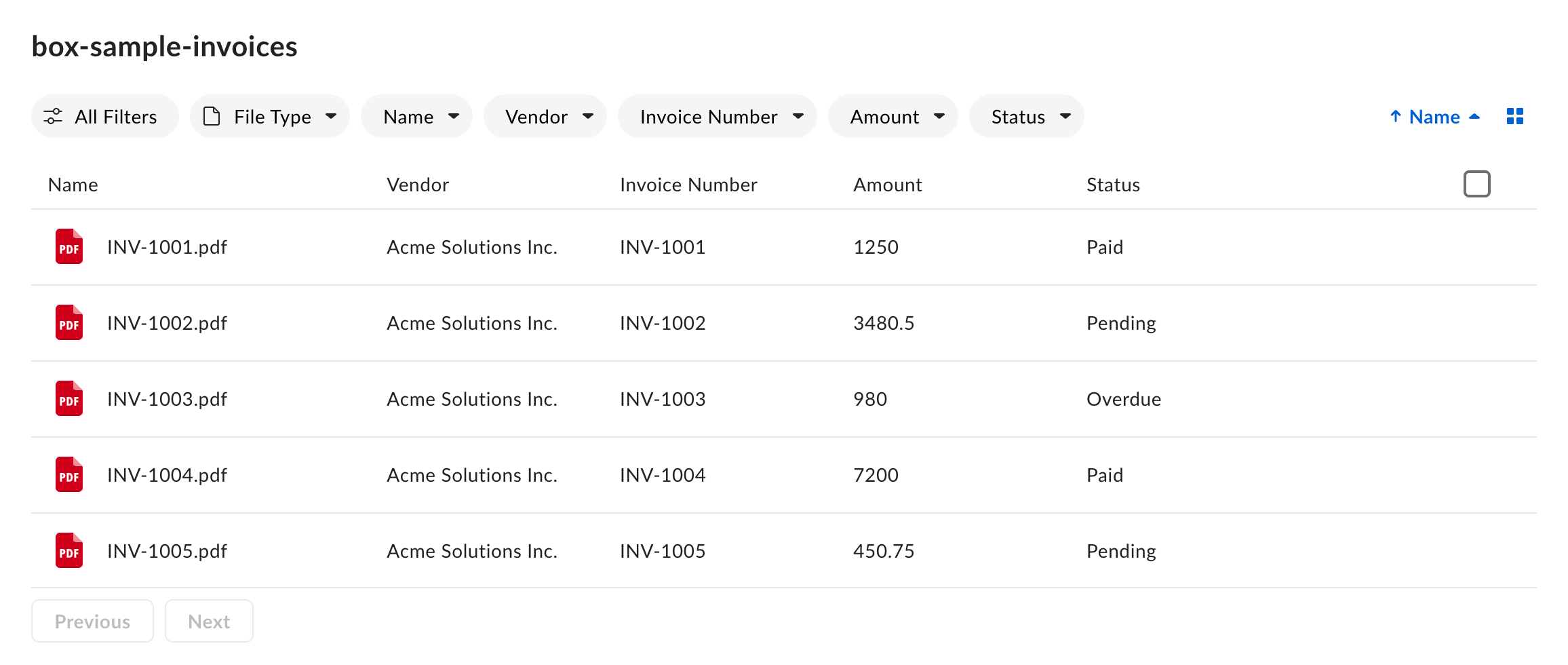 Content Explorer metadata view listing five invoices, with filter chips for each field and columns for vendor, invoice number, amount, and status. The selected row opens a metadata panel for inline editing.