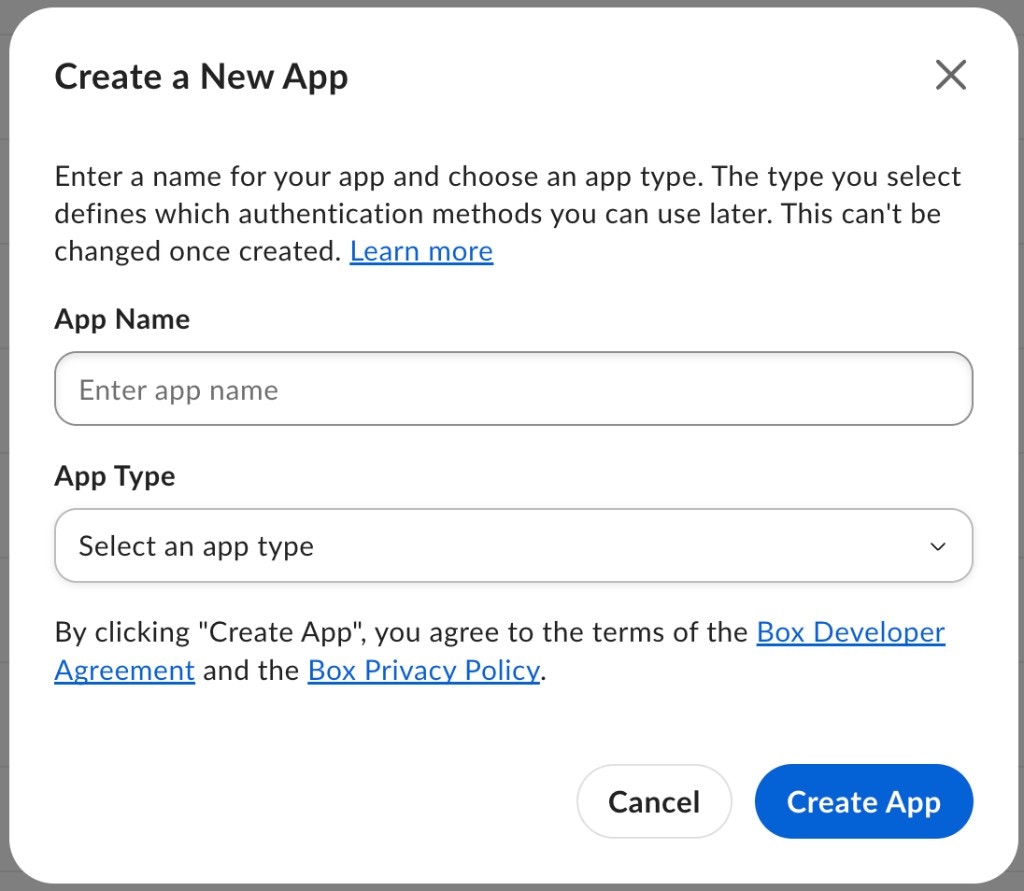 Create a New App screen