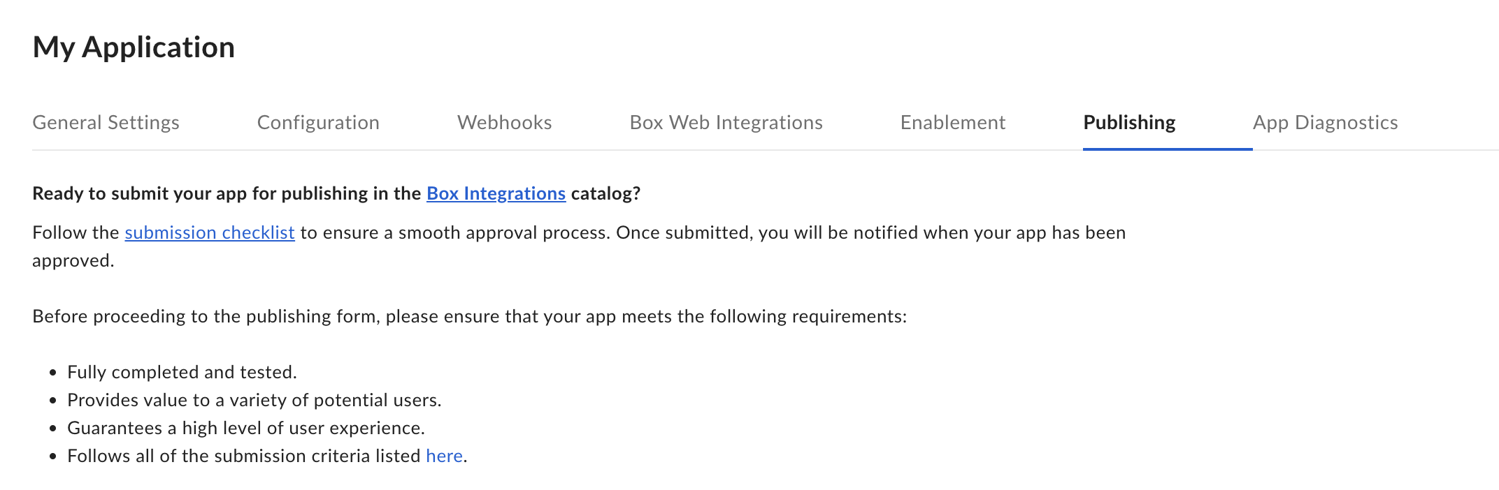 Publishing tab for an application