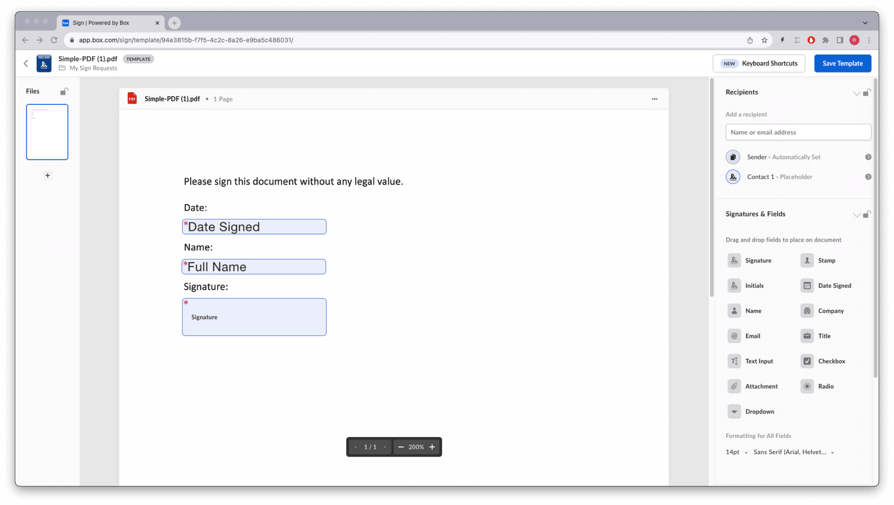 テンプレートに署名、名前、日付を追加する