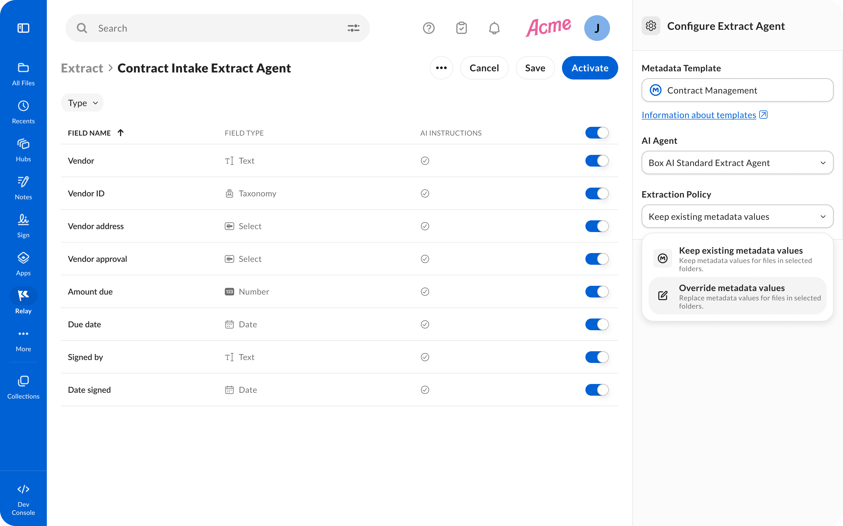 Configure Extract Agent panel in Box Extract with a metadata template, AI agent, and extraction policy
