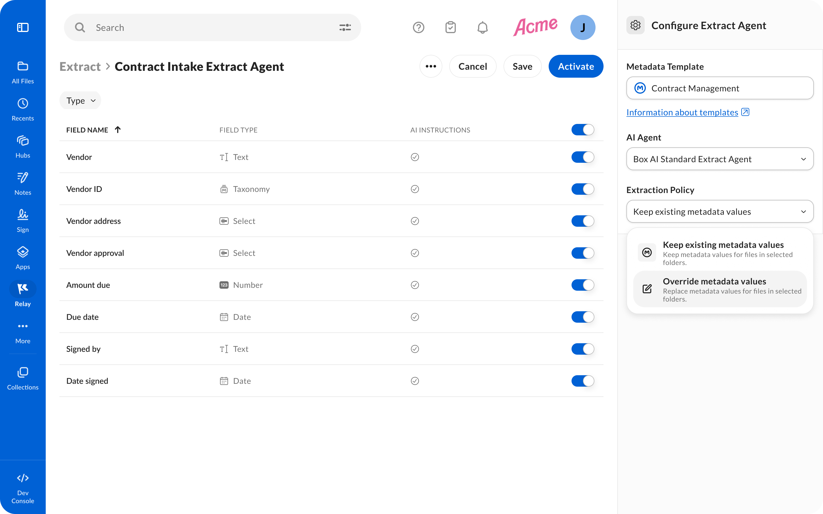 Configure Extract Agent panel in Box Extract with a metadata template, AI agent, and extraction policy