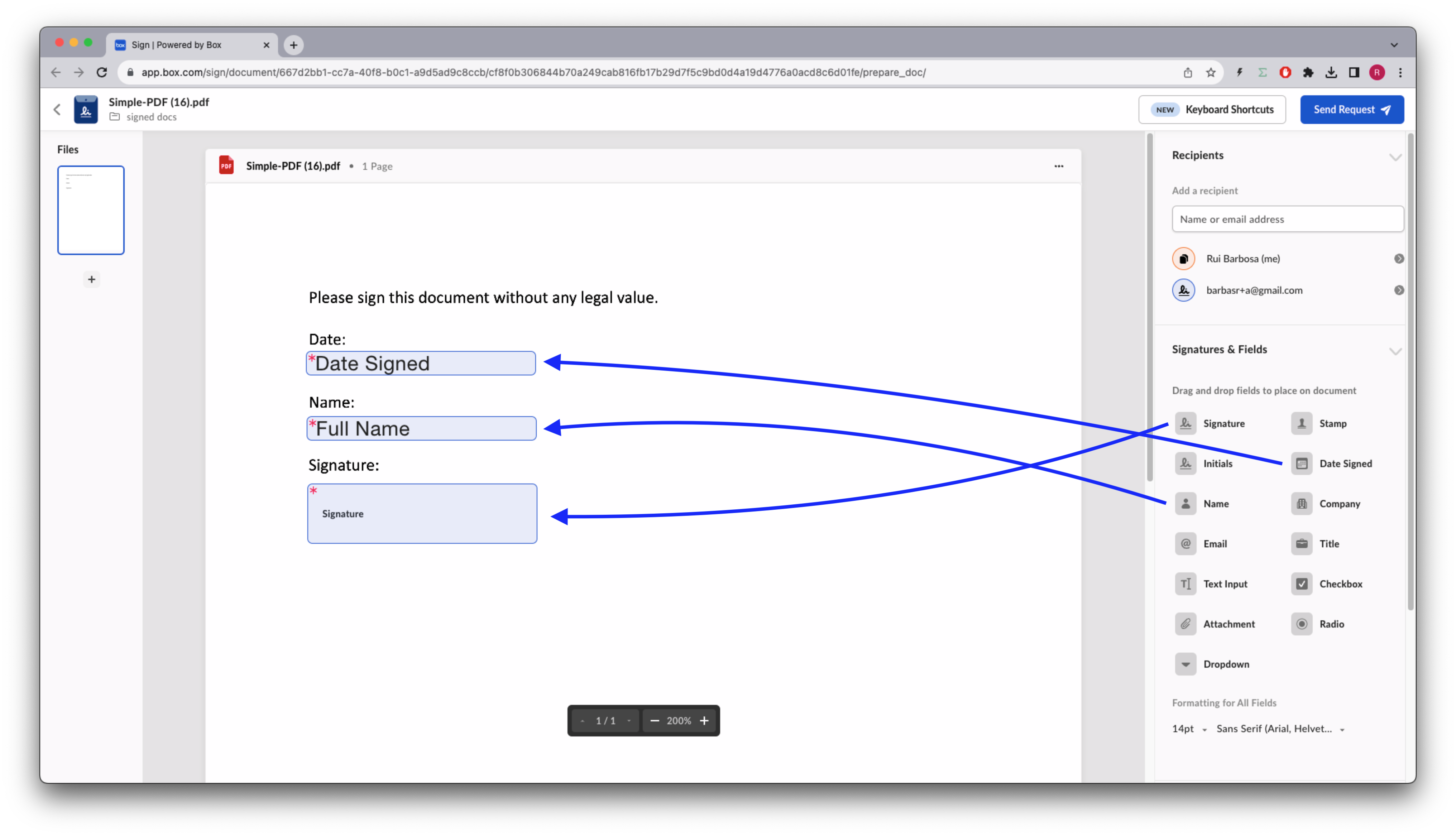 Preparing the document using drag and drop on the template editor