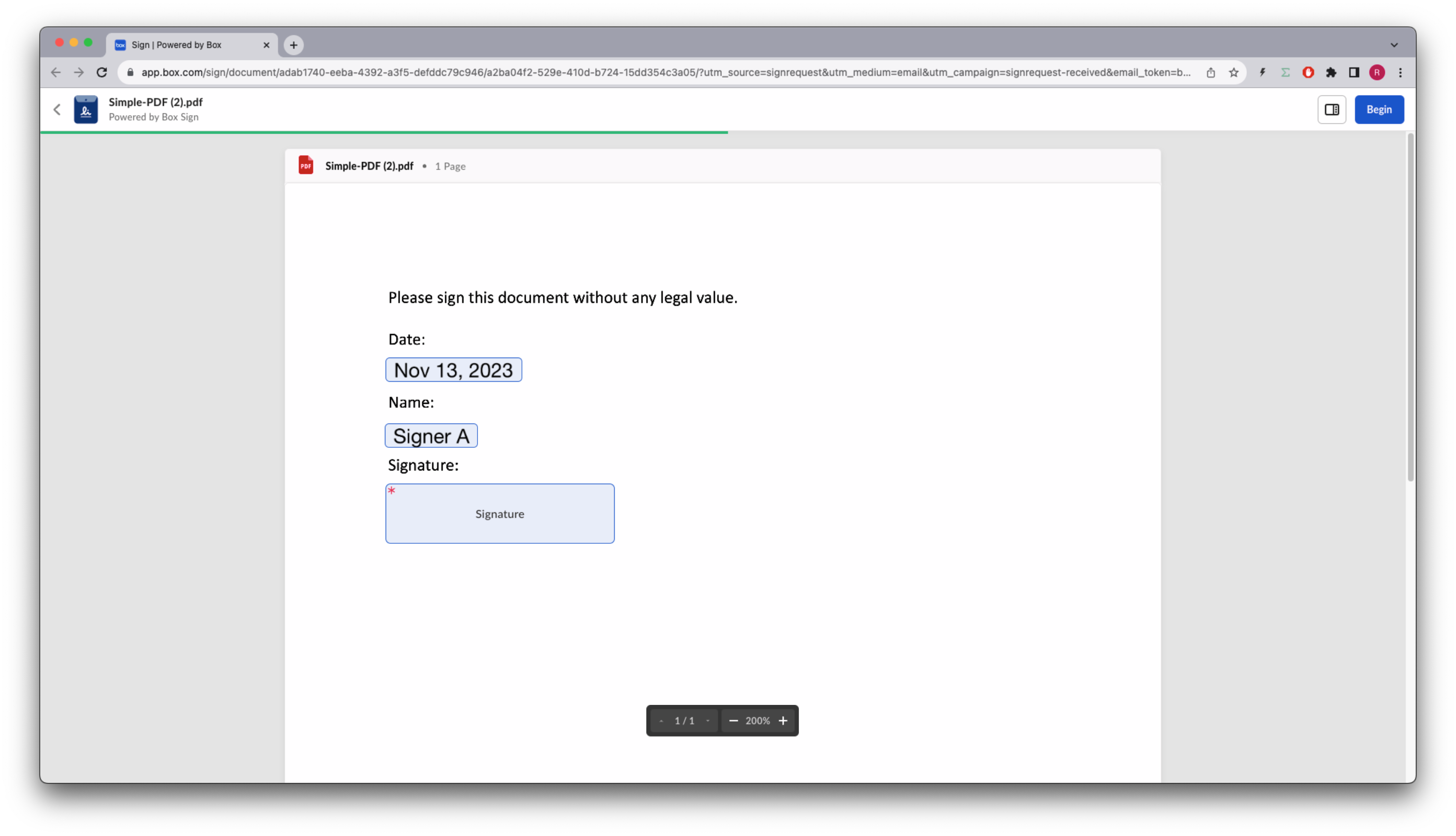 Signing the document with a prefilled name