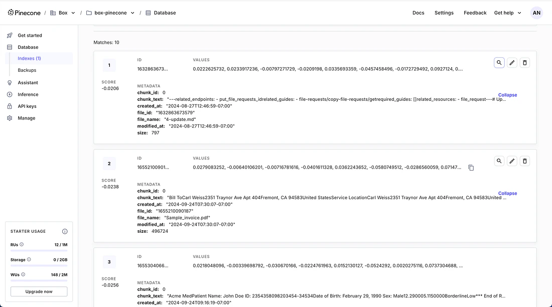 Embeddings in Pinecone Console
