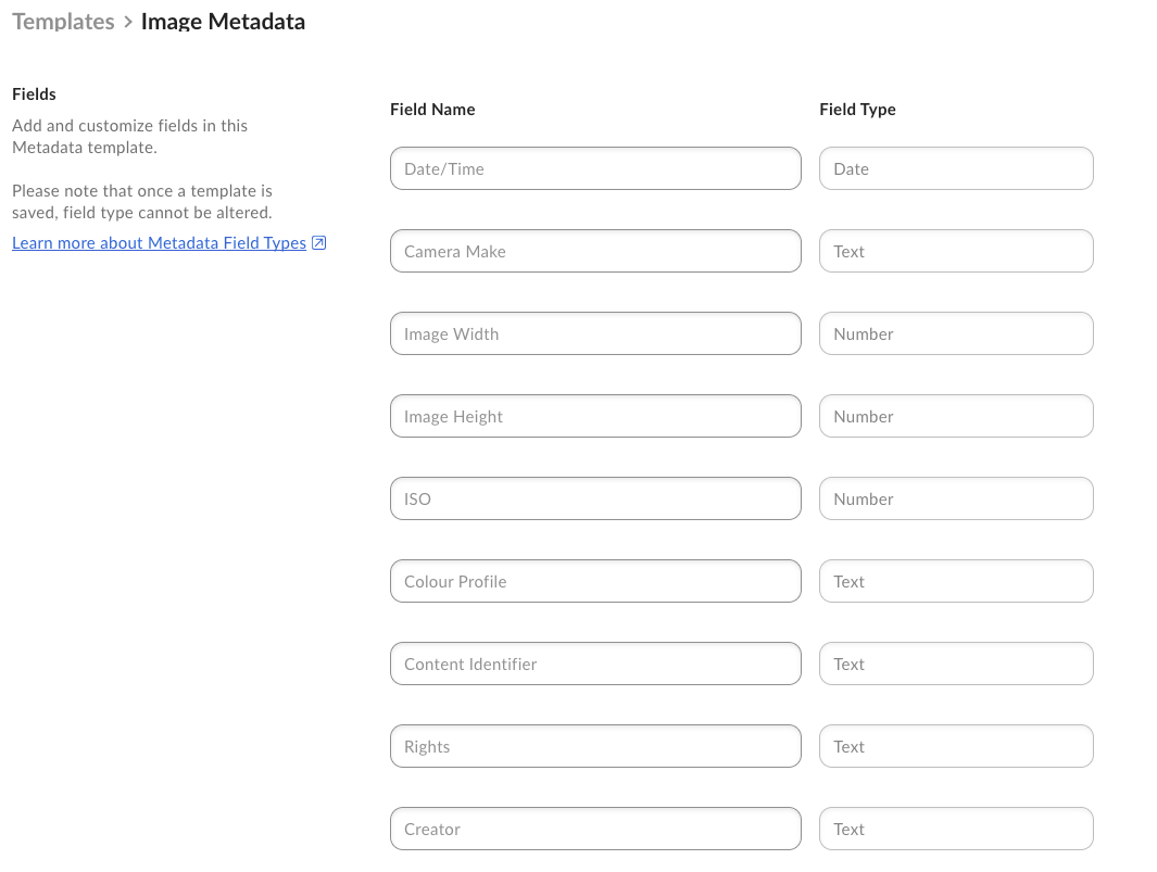 Image Metadata template in Box with Date/Time, Camera Make, Image Width, Image Height, ISO, Colour Profile, Content Identifier, Rights, and Creator fields.
