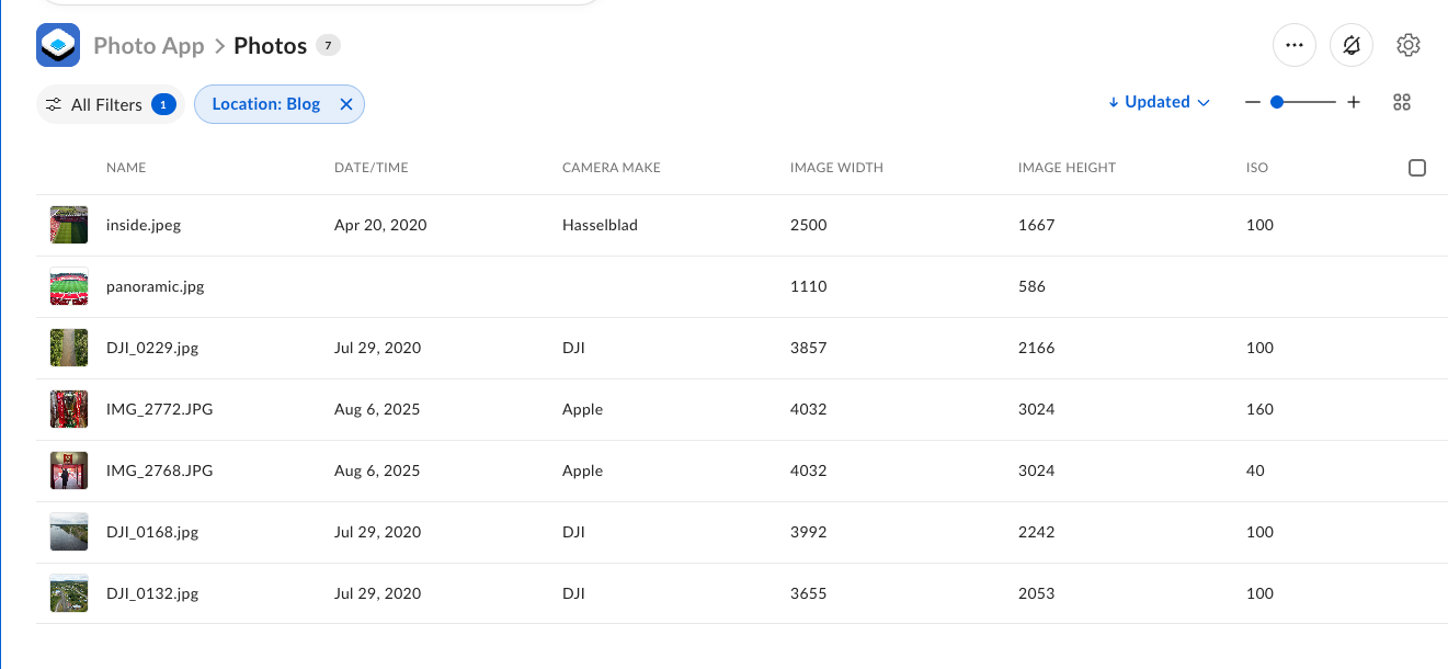 Photo App dashboard listing photos with Date/Time, Camera Make, Image Width, Image Height, and ISO columns, filtered by Location Blog.